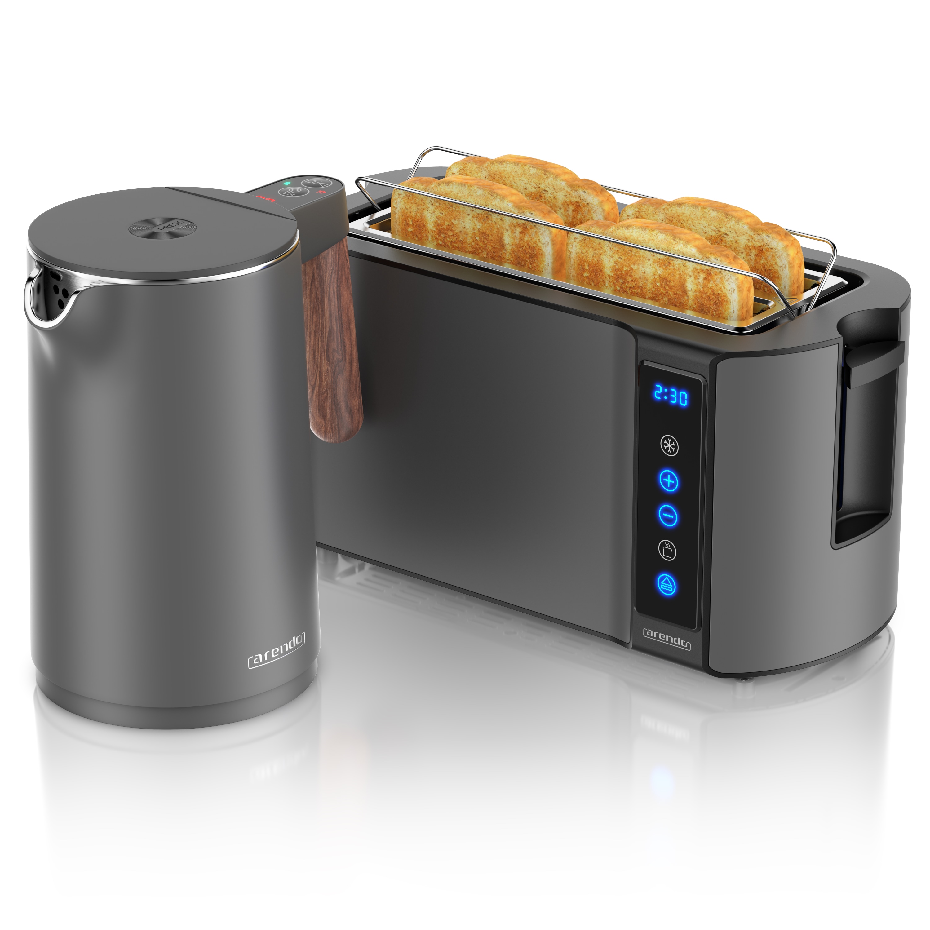 Arendo Fr&uuml;hst&uuml;cks-Set mit Wasserkocher 1,5 l und 4-Scheiben-Langschlitztoaster, Temperaturwahl, Touchpanel, Br&ouml;tchenaufsatz, grau 