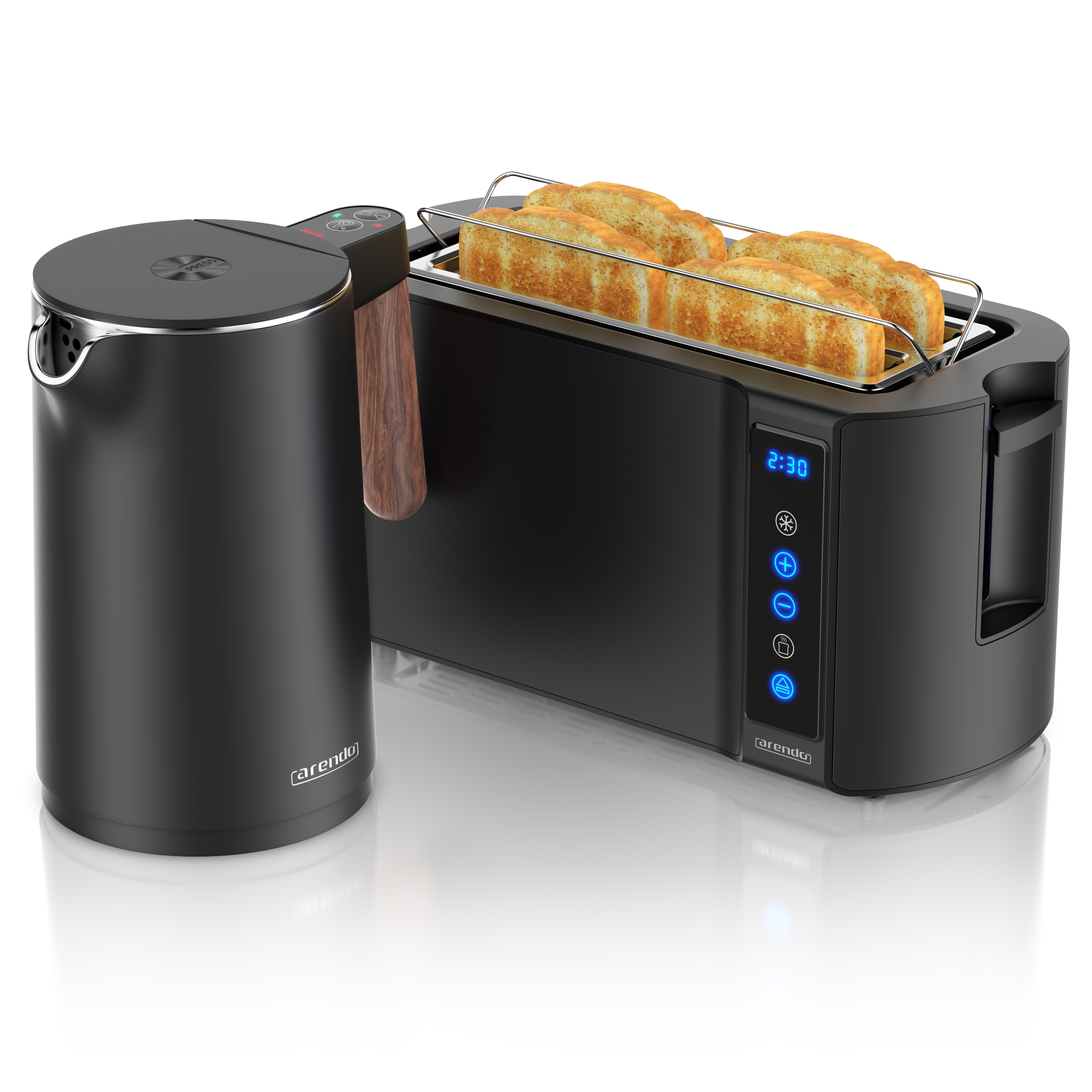 Arendo Fr&uuml;hst&uuml;cks-Set mit Wasserkocher 1,5 l und 4-Scheiben-Langschlitztoaster, Temperaturwahl, Touchpanel und Br&ouml;tchenaufsatz 