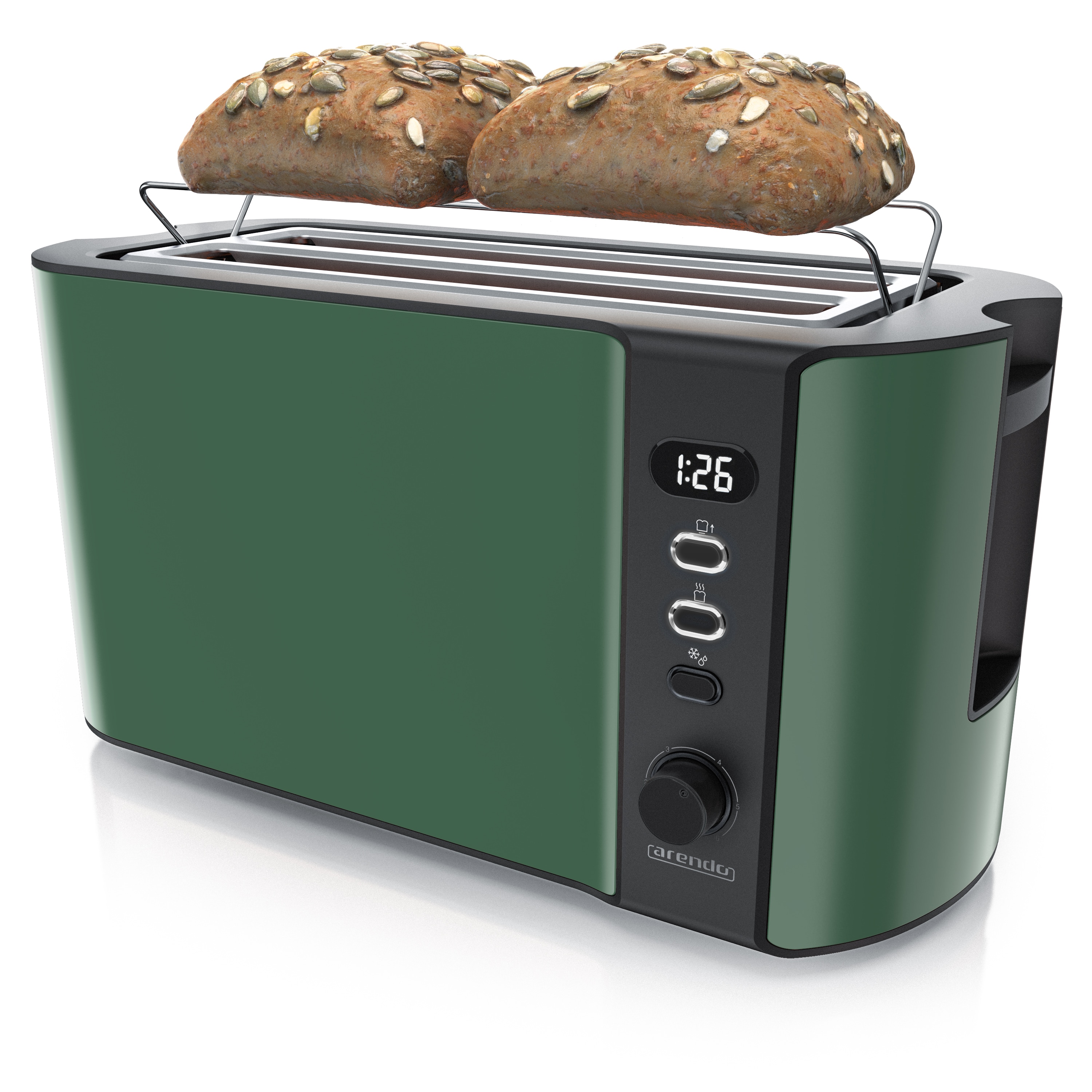 Arendo 4-Scheiben-Langschlitztoaster aus Edelstahl, 1500 W, Restzeitanzeige, Auftau- und Aufw&auml;rmfunktion, Br&ouml;tchenaufsatz, gr&uuml;n 