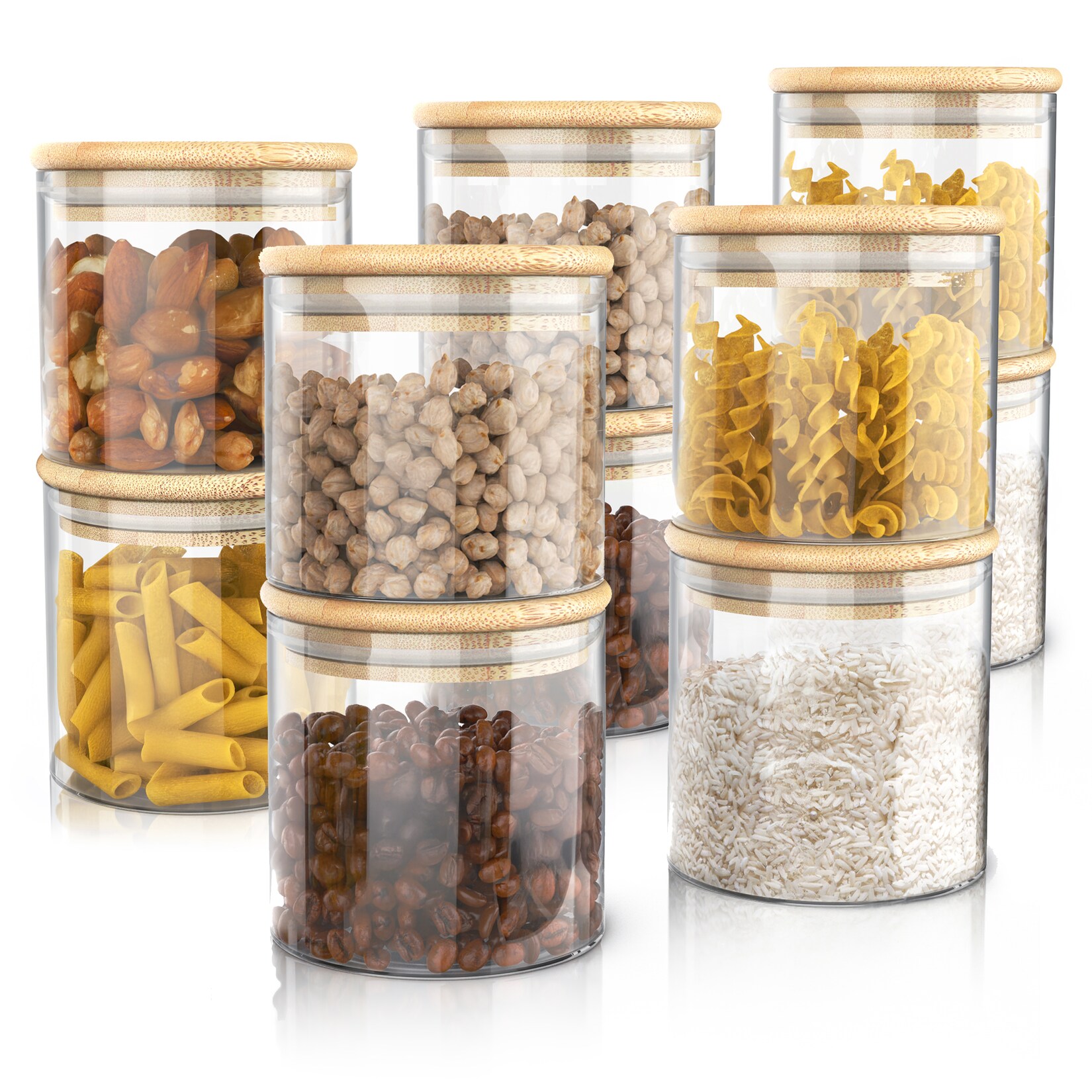 Arendo Vorratsgläser 10er-Set, je 0,75 l, rund, Borosilikatglas mit Bambusdeckel und Silikondichtung, luftdicht