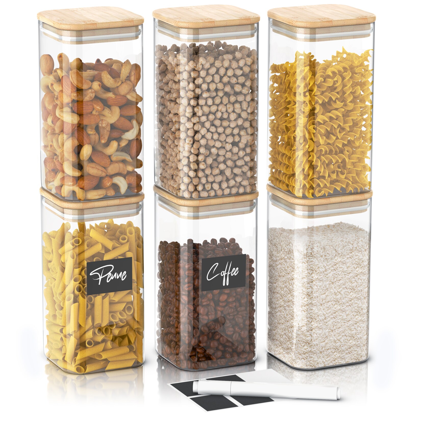 Arendo Aufbewahrungsbecher Glasbehälter-Set 6x 1,65L Borosilikat, Deckel, Aufklebern & Textmarker, Borosilikatglas; Bambus; Silikon