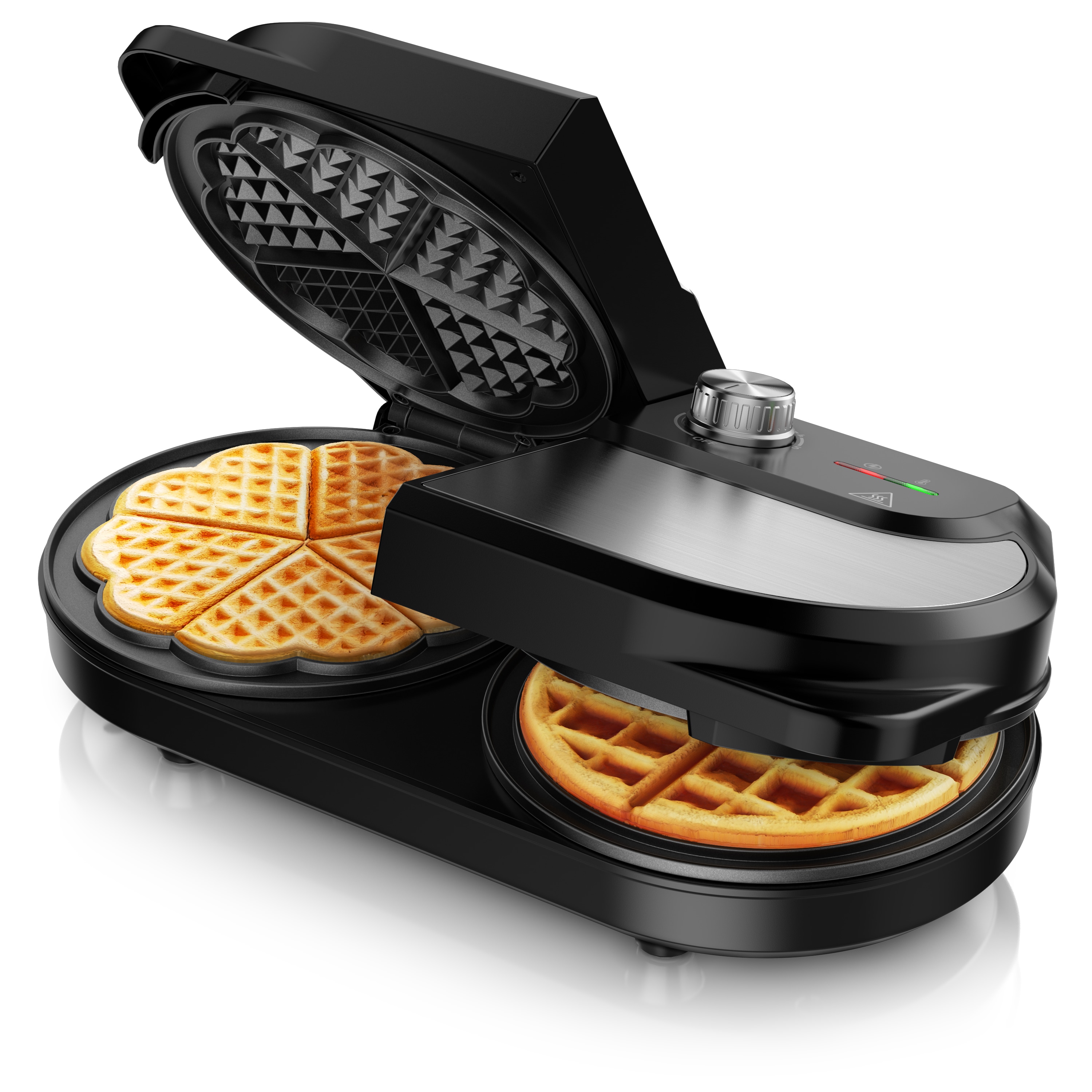 Arendo Doppel-Waffeleisen f&uuml;r belgische Waffeln und Herzwaffeln, 1400 W, stufenloser Temperaturregler und Antihaftbeschichtung 