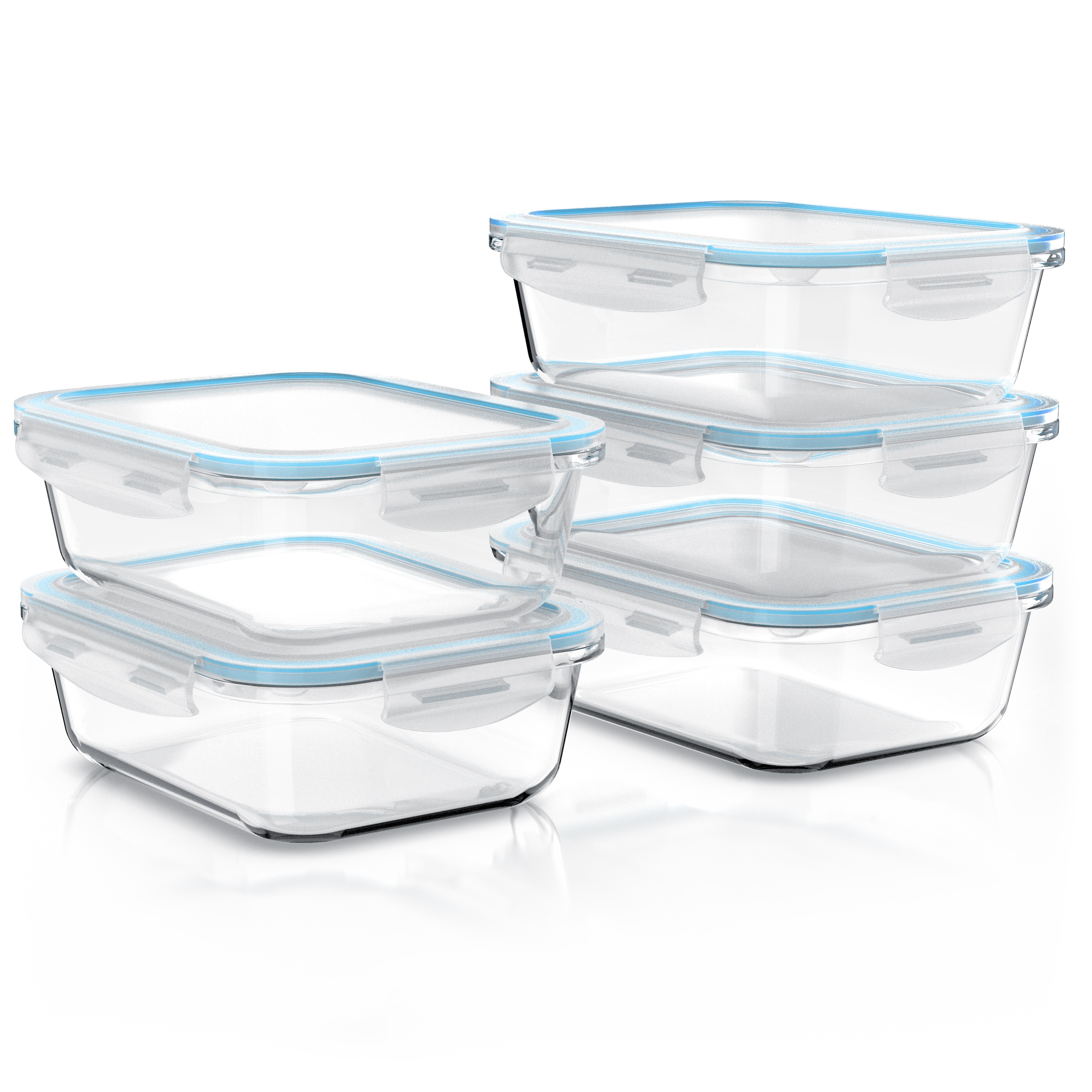Arendo Frischhaltedosen im 5er-Set, Lunchboxen aus Borosilikatglas mit Kunststoffdeckeln, auslaufsicher, mit Klickverschluss 