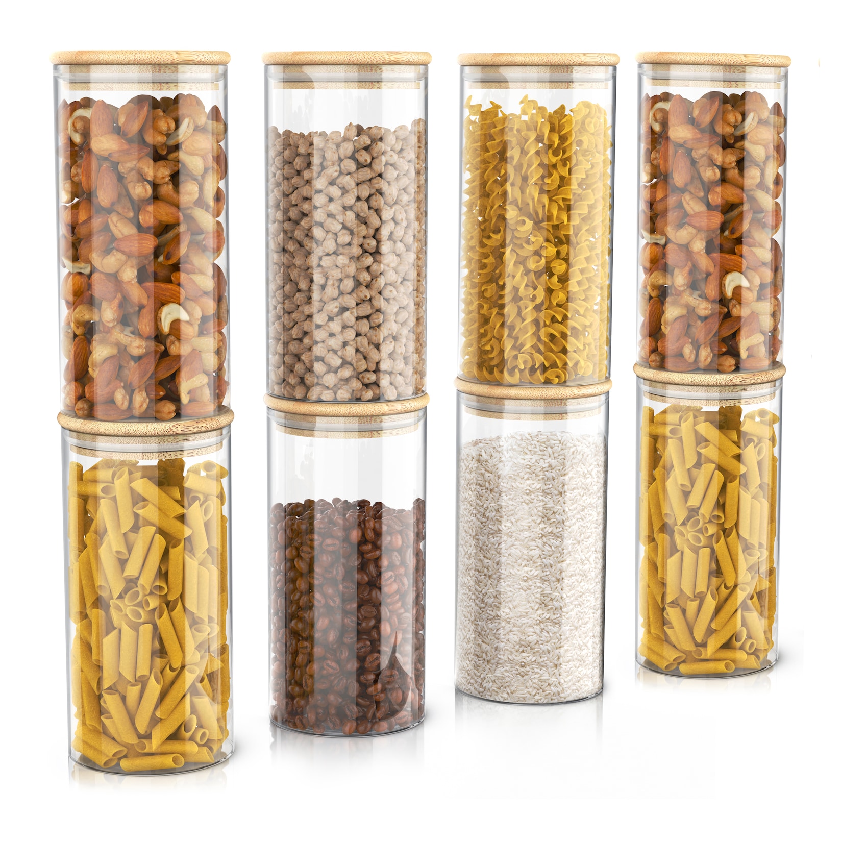 Arendo Vorratsgläser 8er-Set, je 1,5 l, rund, Borosilikatglas mit Bambusdeckel und Silikondichtung, luftdicht
