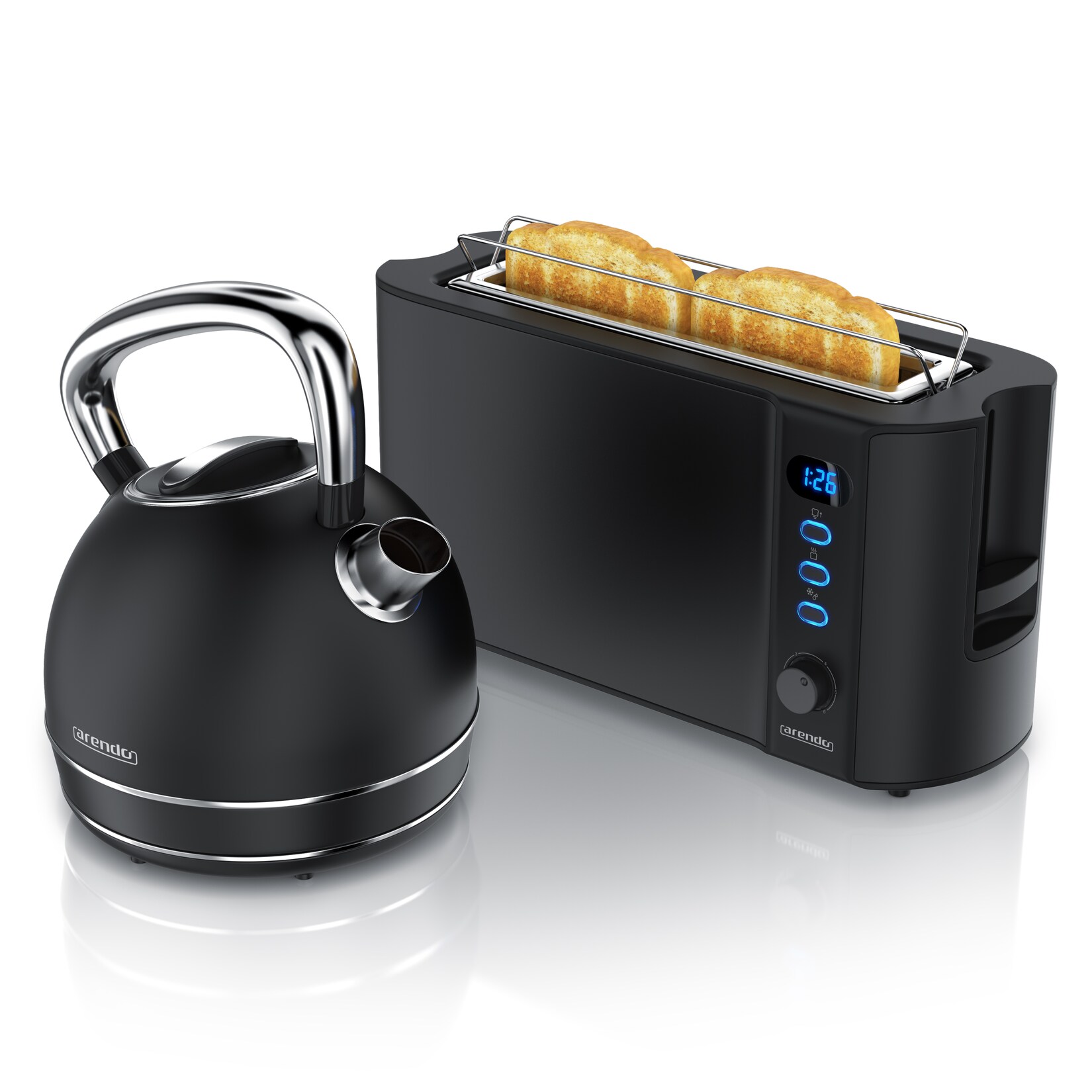 Arendo Frühstücks-Set Edelstahl Wasserkocher 1,7l, 2-Scheiben Langschlitz Toaster, schwarz (2-tlg), Frühstücksset, Wasserkocher Retro, 2200W