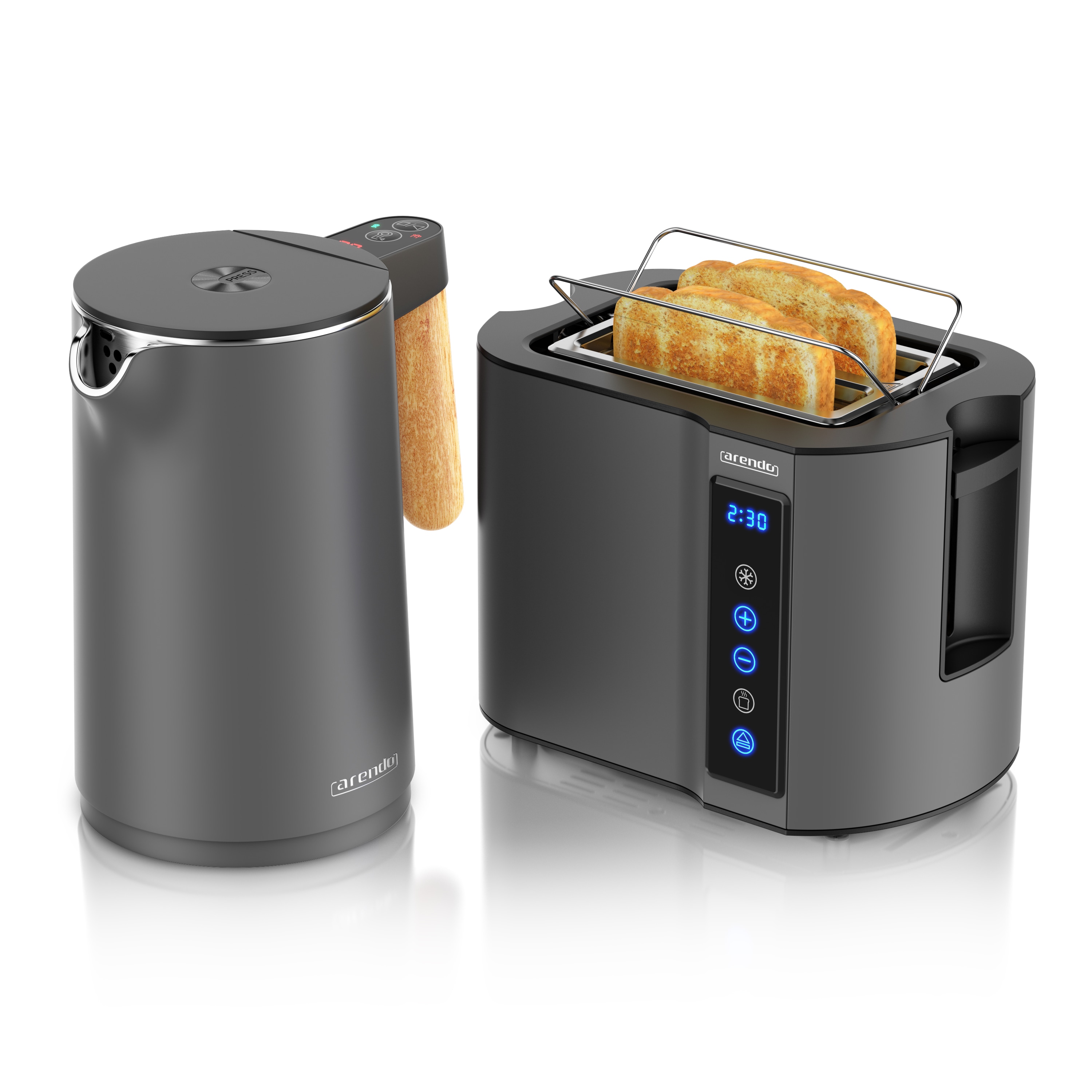 Arendo Fr&uuml;hst&uuml;cks-Set Edelstahl Wasserkocher 1,5l, 2-Scheiben Kurzschlitz Toaster, Cool Grey (2-tlg), Wasserkocher mit Temperatureinstellung 
