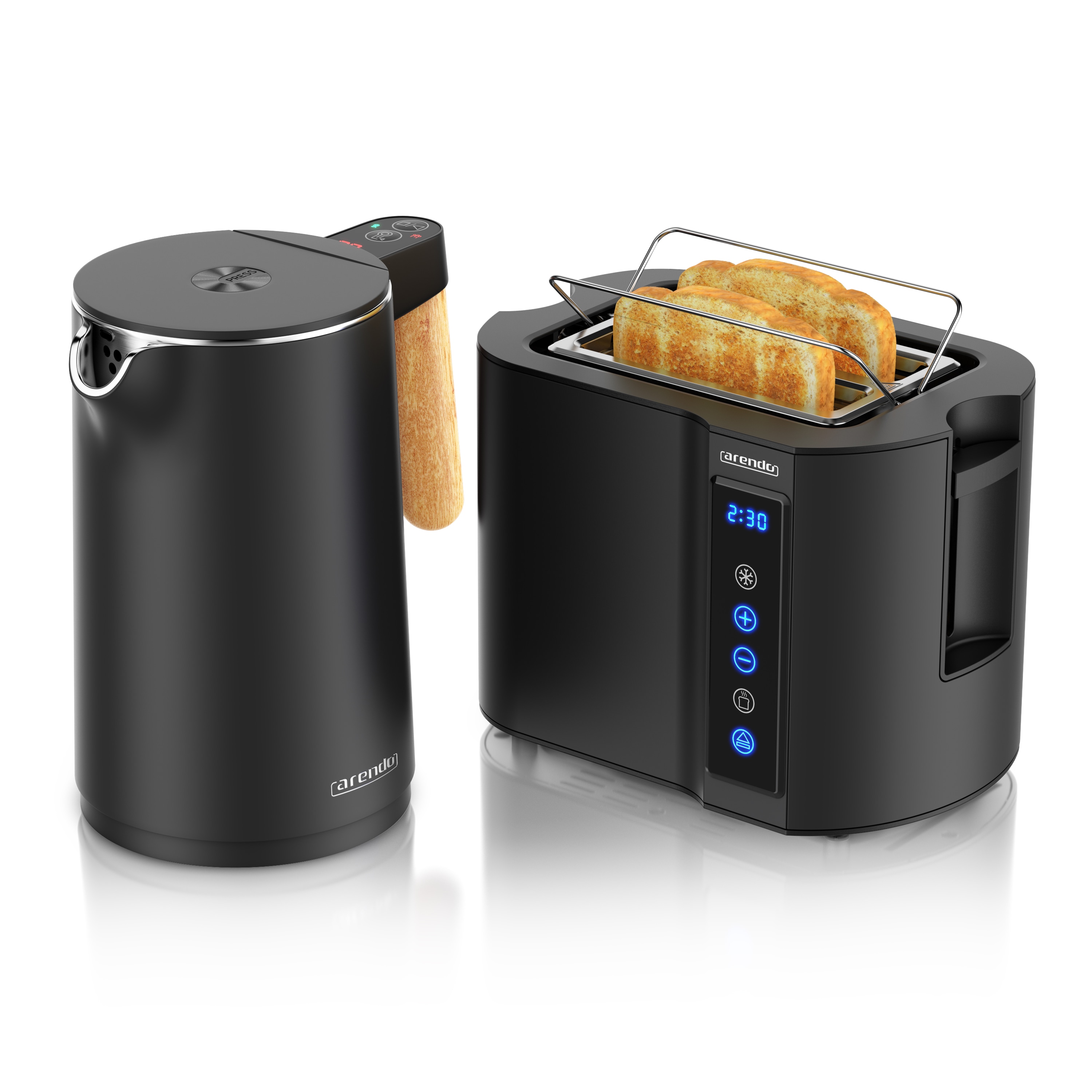 Arendo Fr&uuml;hst&uuml;cks-Set mit Wasserkocher 1,5 l und 2-Scheiben-Toaster, Temperaturwahl, Br&ouml;tchenaufsatz und Restzeitanzeige, schwarz 