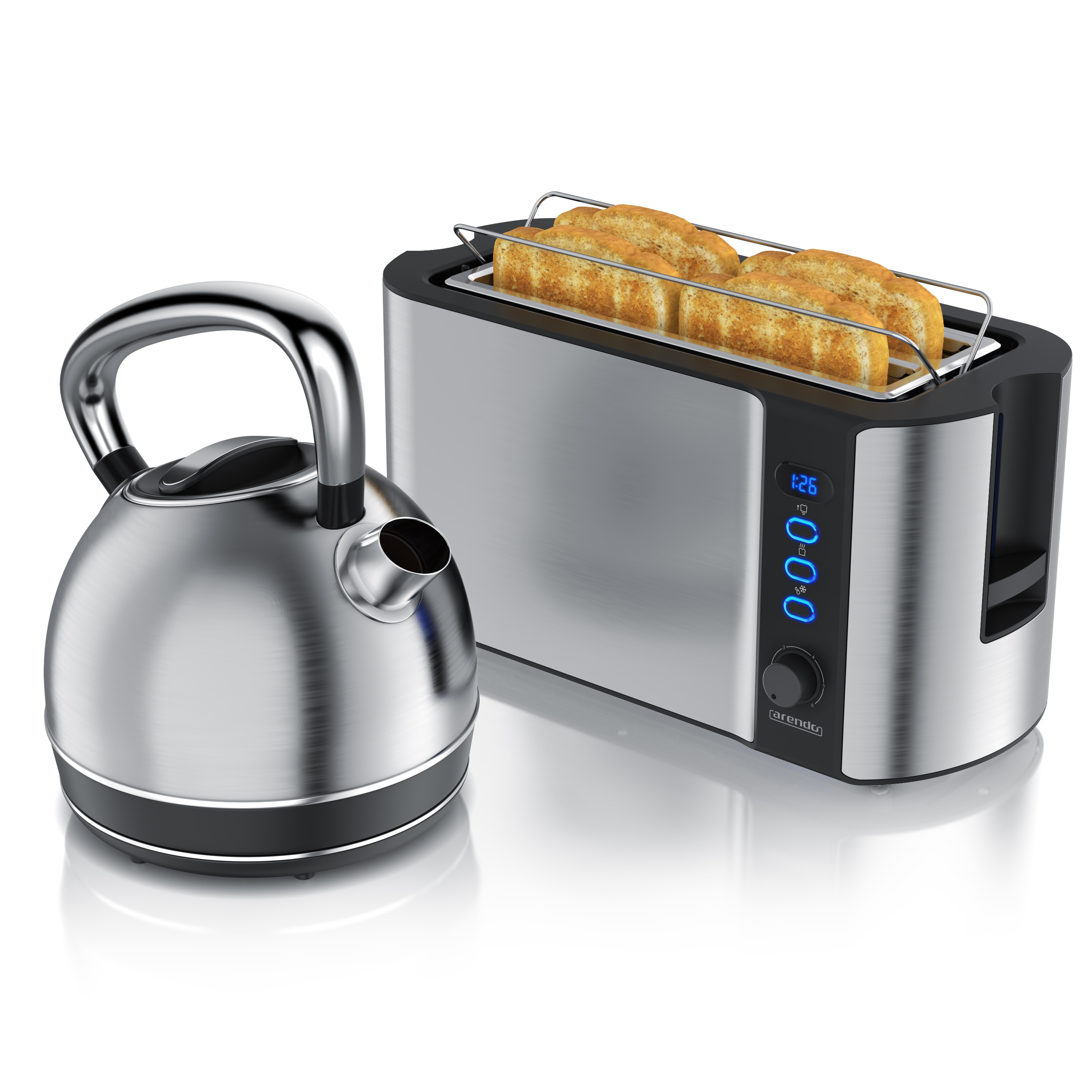 Arendo Fr&uuml;hst&uuml;cks-Set Edelstahl Wasserkocher 1,7l, 4-Scheiben Langschlitz Toaster, silber (2-tlg), Fr&uuml;hst&uuml;cksset, Wasserkocher Retro, 2200W 