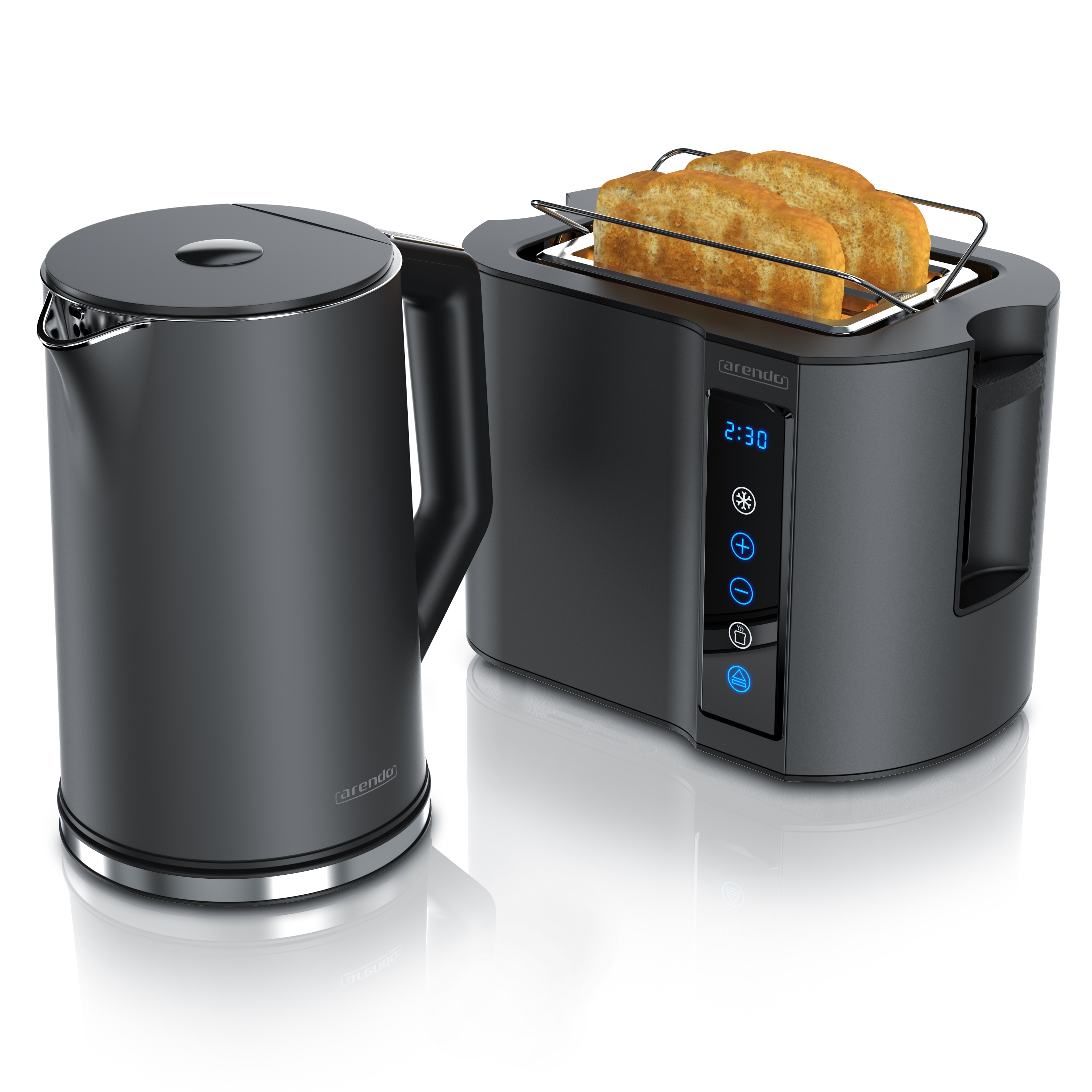 Arendo Fr&uuml;hst&uuml;cks-Set Edelstahl Wasserkocher 1,5l, 2-Scheiben Kurzschlitz Toaster, Cool Grey (2-tlg), Wasserkocher mit Temperatureinstellung 