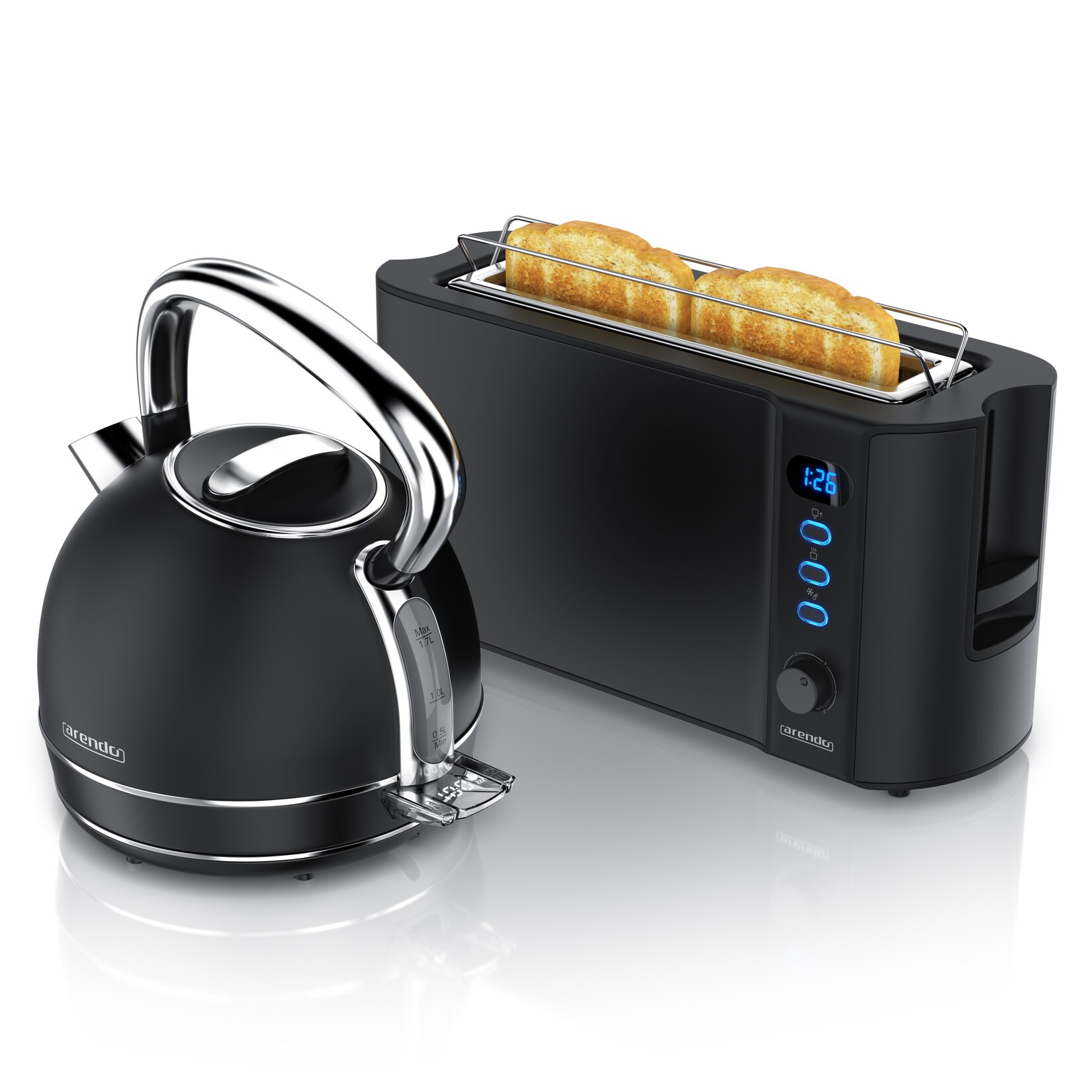 Arendo Frühstücks-Set Edelstahl Wasserkocher 1,7l, 2-Scheiben Langschlitz Toaster, schwarz (2-tlg), Vintage Wasserkocher …