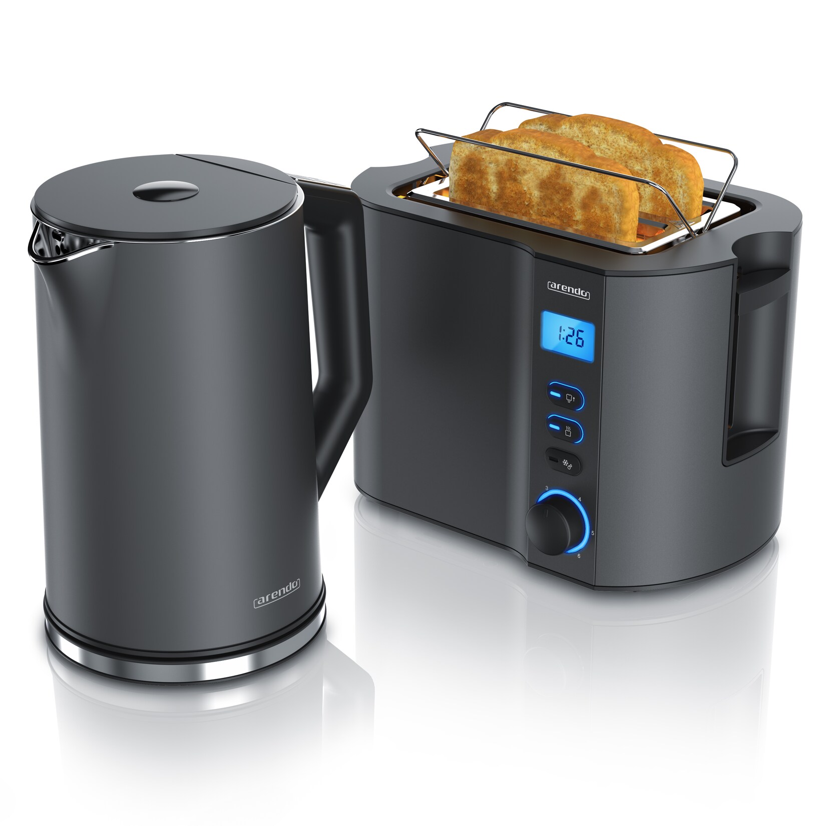 Arendo Frühstücks-Set mit Wasserkocher 1,5 l und 2-Scheiben-Toaster, Temperaturwahl, Brötchenaufsatz und Restzeitanzeige, grau