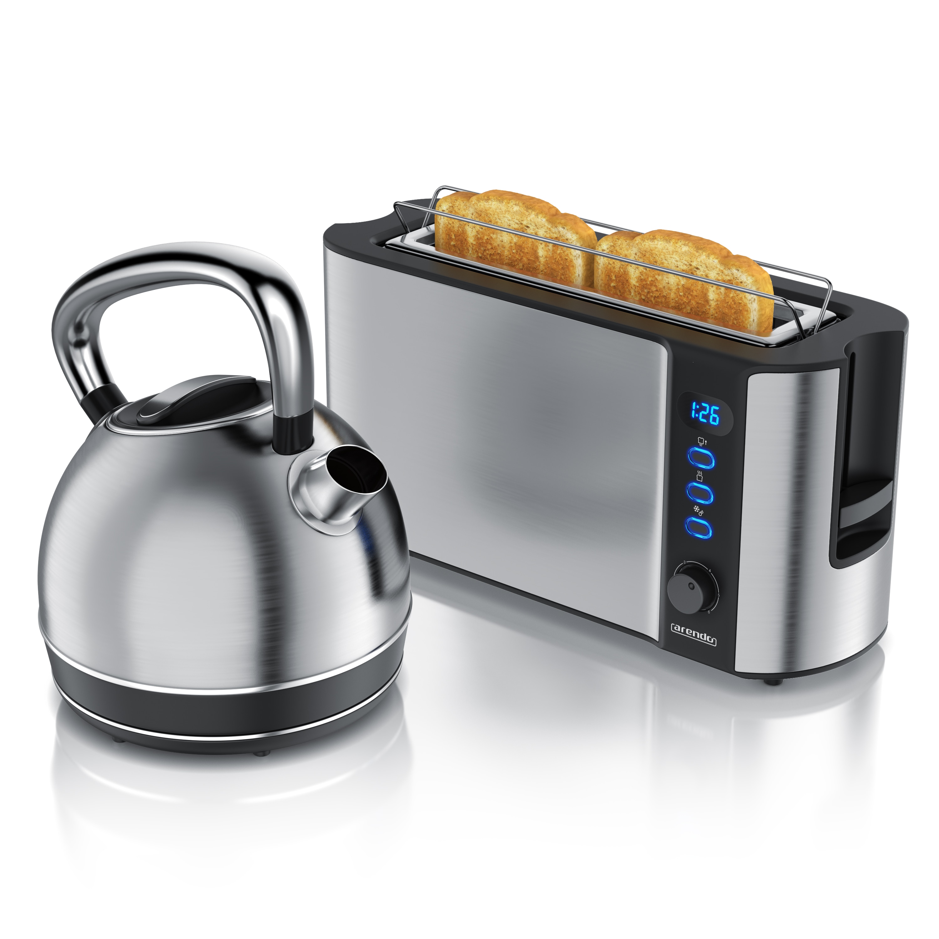 Arendo Fr&uuml;hst&uuml;cks-Set Edelstahl Wasserkocher 1,7l, 2-Scheiben Langschlitz Toaster, Silber (2-tlg), Fr&uuml;hst&uuml;cksset, Wasserkocher Retro, 2200W 