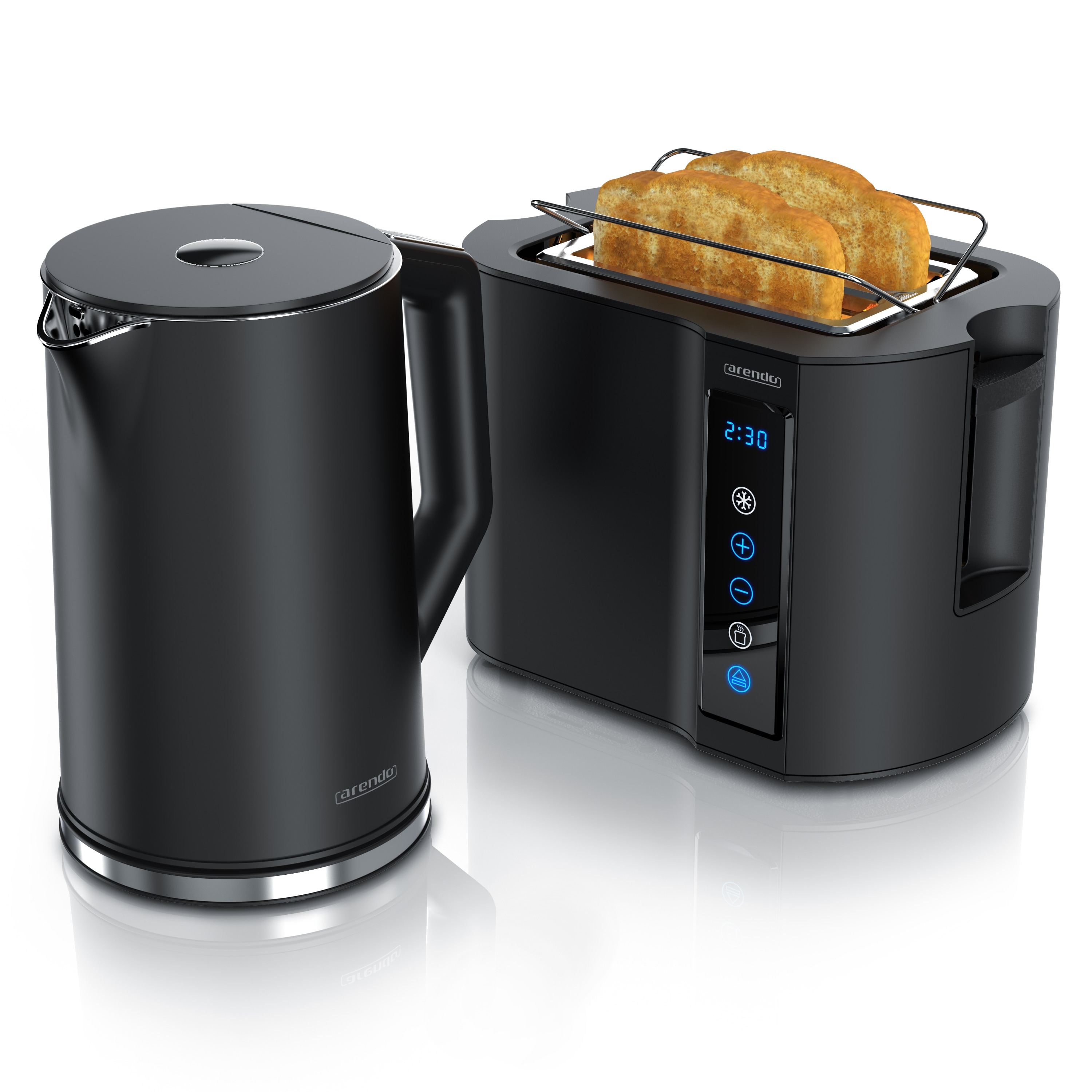 Arendo Fr&uuml;hst&uuml;cks-Set mit Wasserkocher 1,5 l und 2-Scheiben-Toaster, Temperaturwahl, Br&ouml;tchenaufsatz und Restzeitanzeige, schwarz 