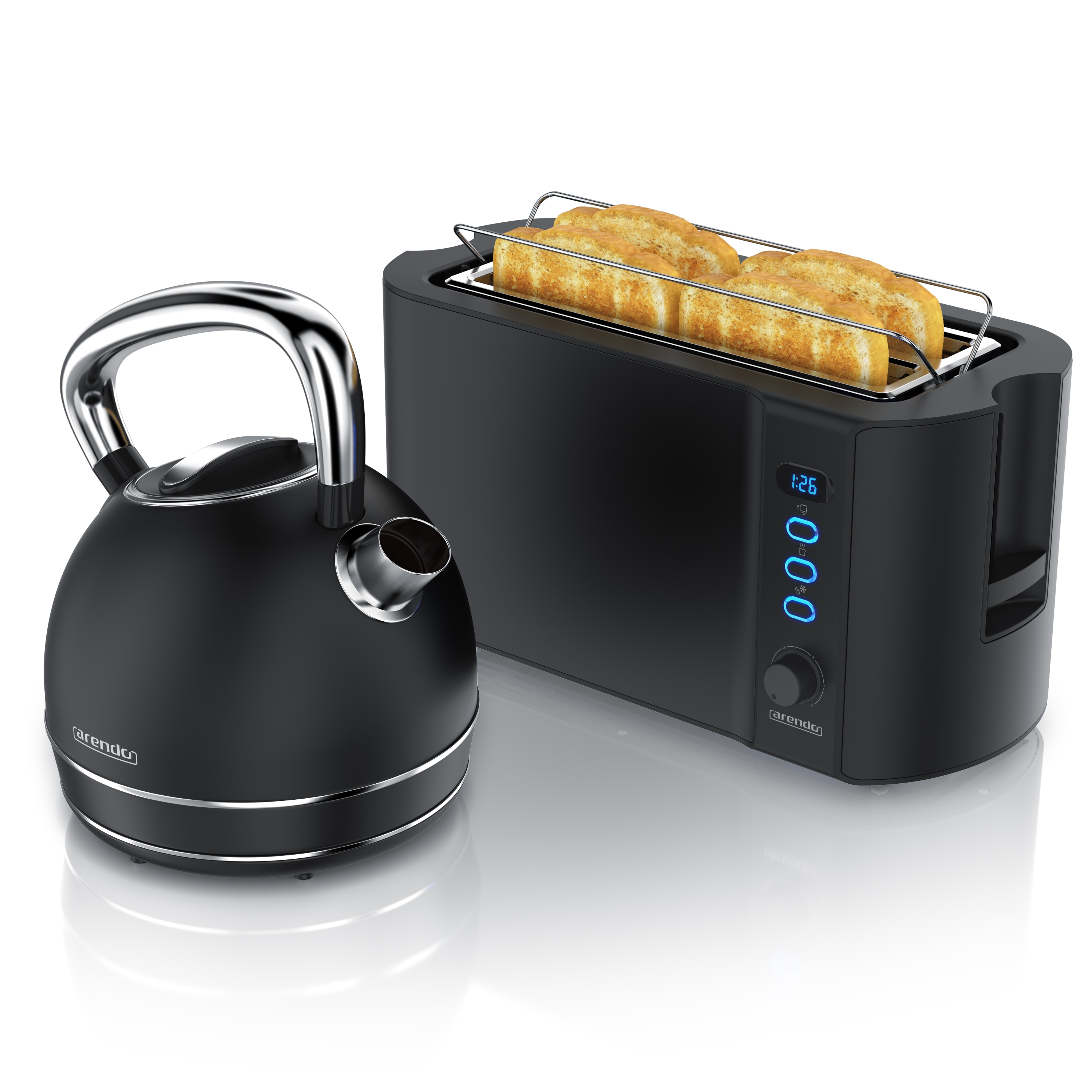 Arendo Fr&uuml;hst&uuml;cks-Set Edelstahl Wasserkocher 1,7l, 4-Scheiben Langschlitz Toaster, schwarz (2-tlg), Fr&uuml;hst&uuml;cksset, Wasserkocher Retro, 2200W 