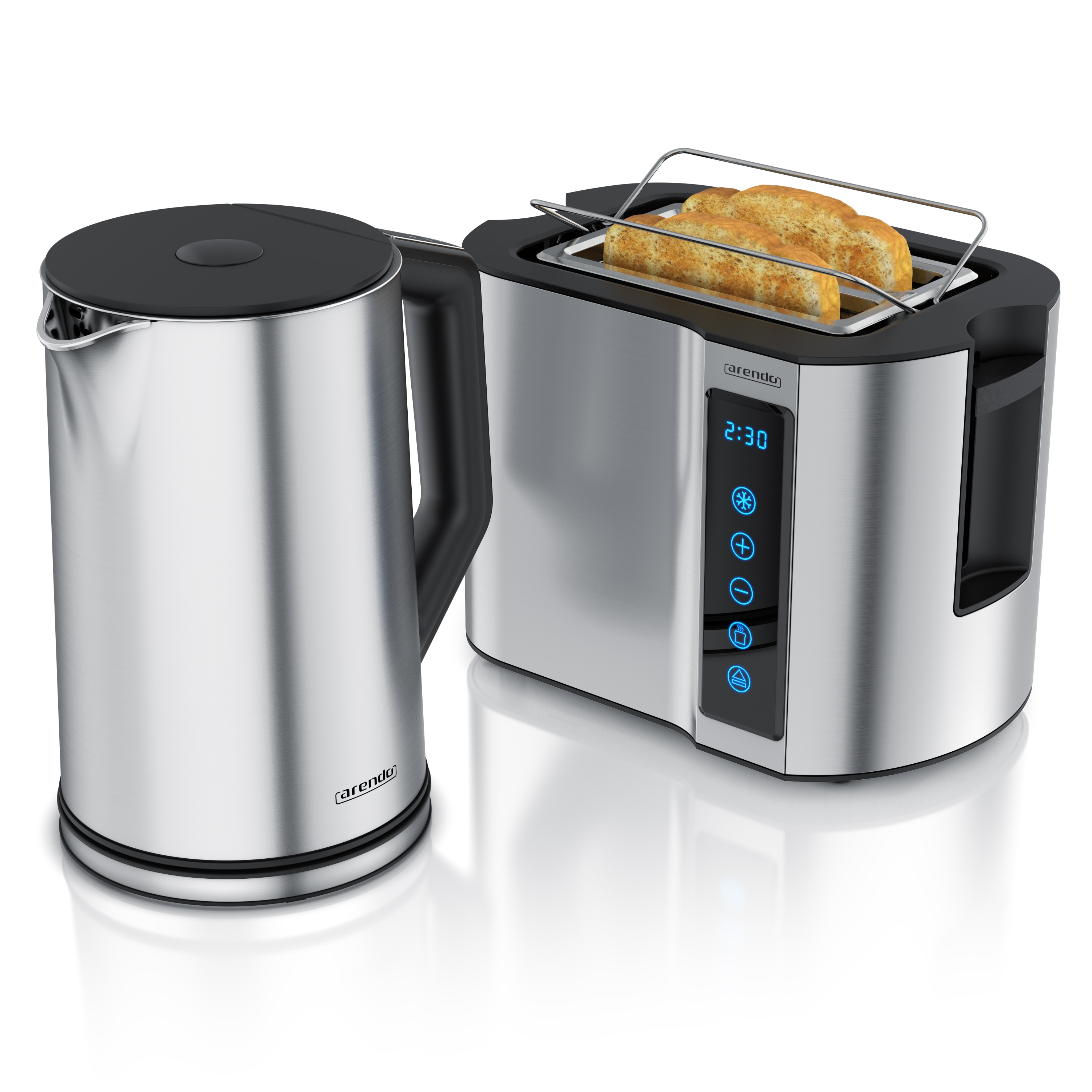 Arendo Fr&uuml;hst&uuml;cks-Set Edelstahl Wasserkocher 1,5l, 2-Scheiben Kurzschlitz Toaster, silber (2-tlg), Wasserkocher mit Temperatureinstellung 
