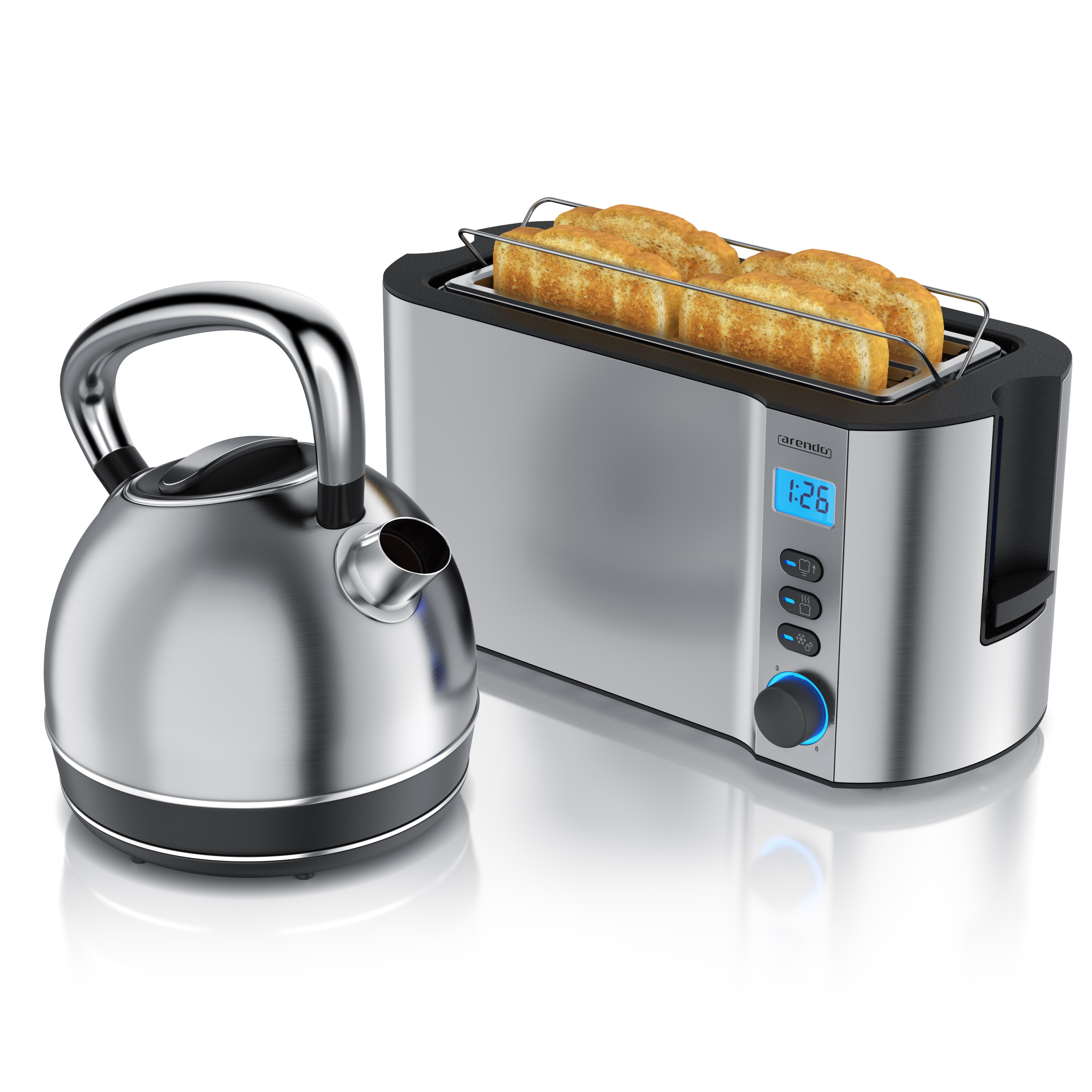 Arendo Fr&uuml;hst&uuml;cks-Set Edelstahl Wasserkocher 1,7l, 4-Scheiben Langschlitz Toaster, silber (2-tlg), Fr&uuml;hst&uuml;cksset, Wasserkocher Retro, 2200W 