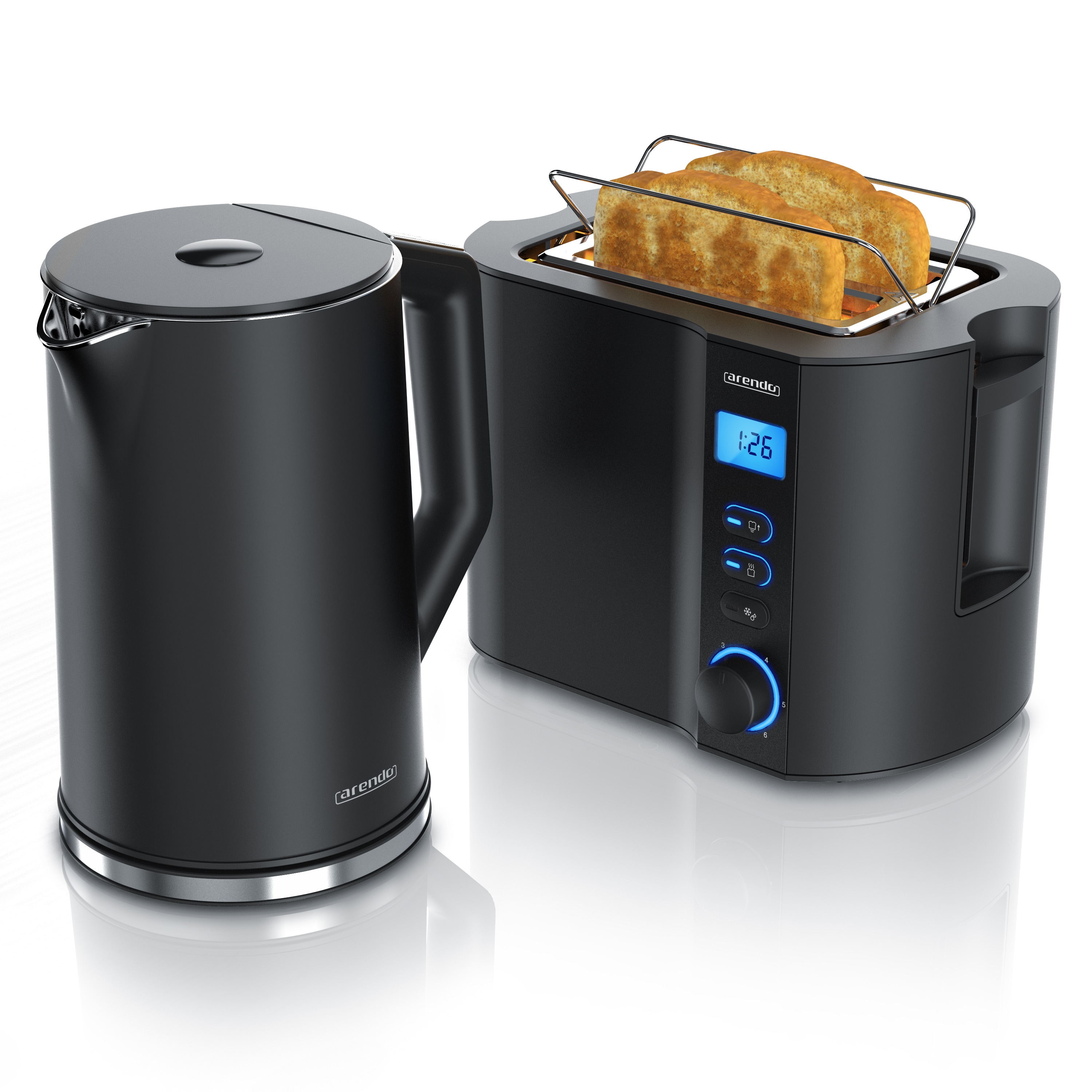 Arendo Fr&uuml;hst&uuml;cks-Set mit Wasserkocher 1,5 l und 2-Scheiben-Toaster, Temperaturwahl, Br&ouml;tchenaufsatz und Restzeitanzeige, schwarz 