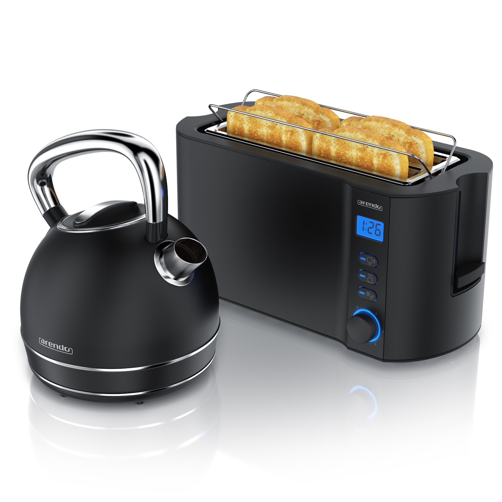 Arendo Frühstücks-Set Edelstahl Wasserkocher 1,7l, 4-Scheiben Langschlitz Toaster, schwarz (2-tlg), Frühstücksset, Wasserkocher Vintage, 2200W