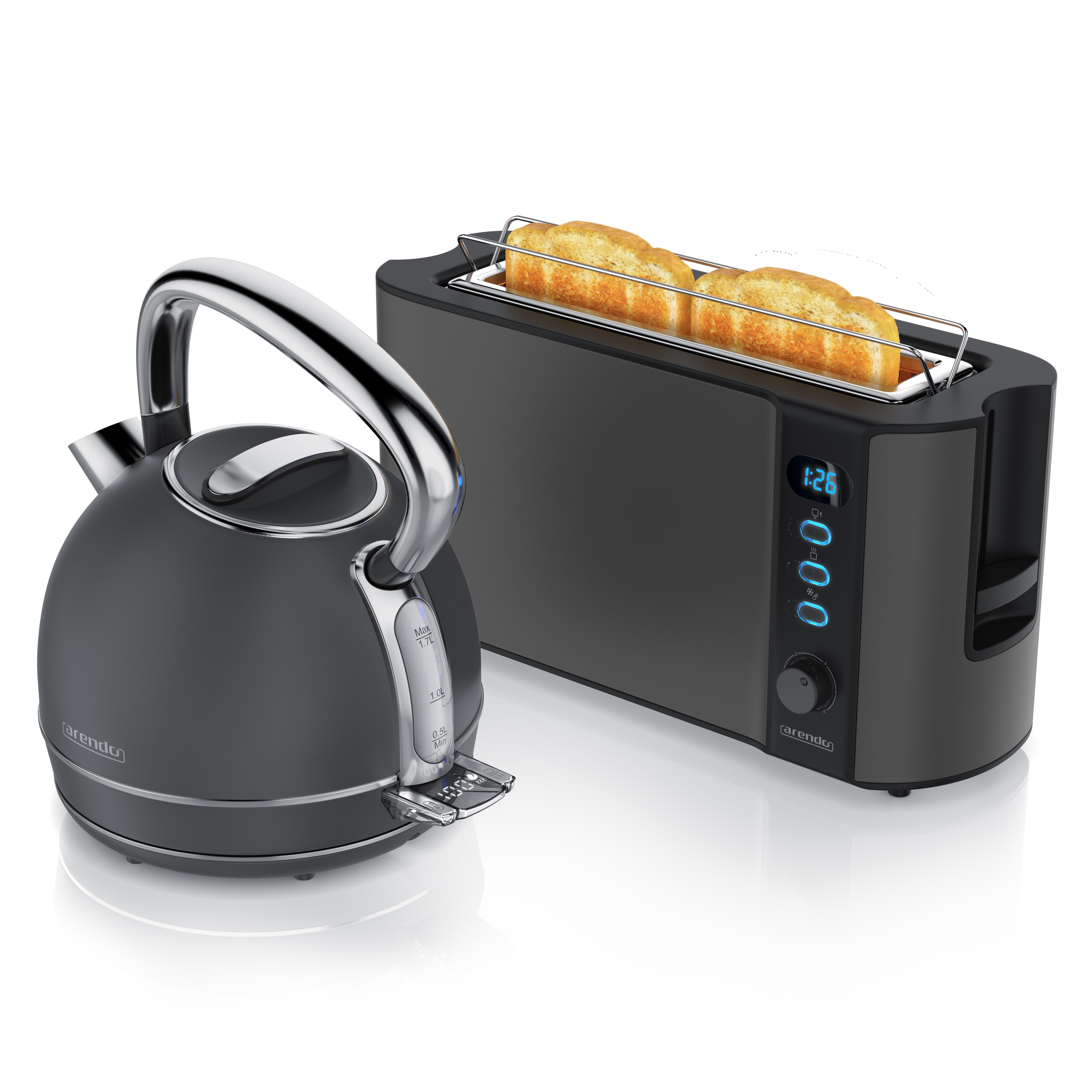 Arendo Fr&uuml;hst&uuml;cks-Set Edelstahl Wasserkocher 1,7l, 2-Scheiben Langschlitz Toaster, Cool Grey (2-tlg), Vintage Wasserkocher Temperatureinstellung 
