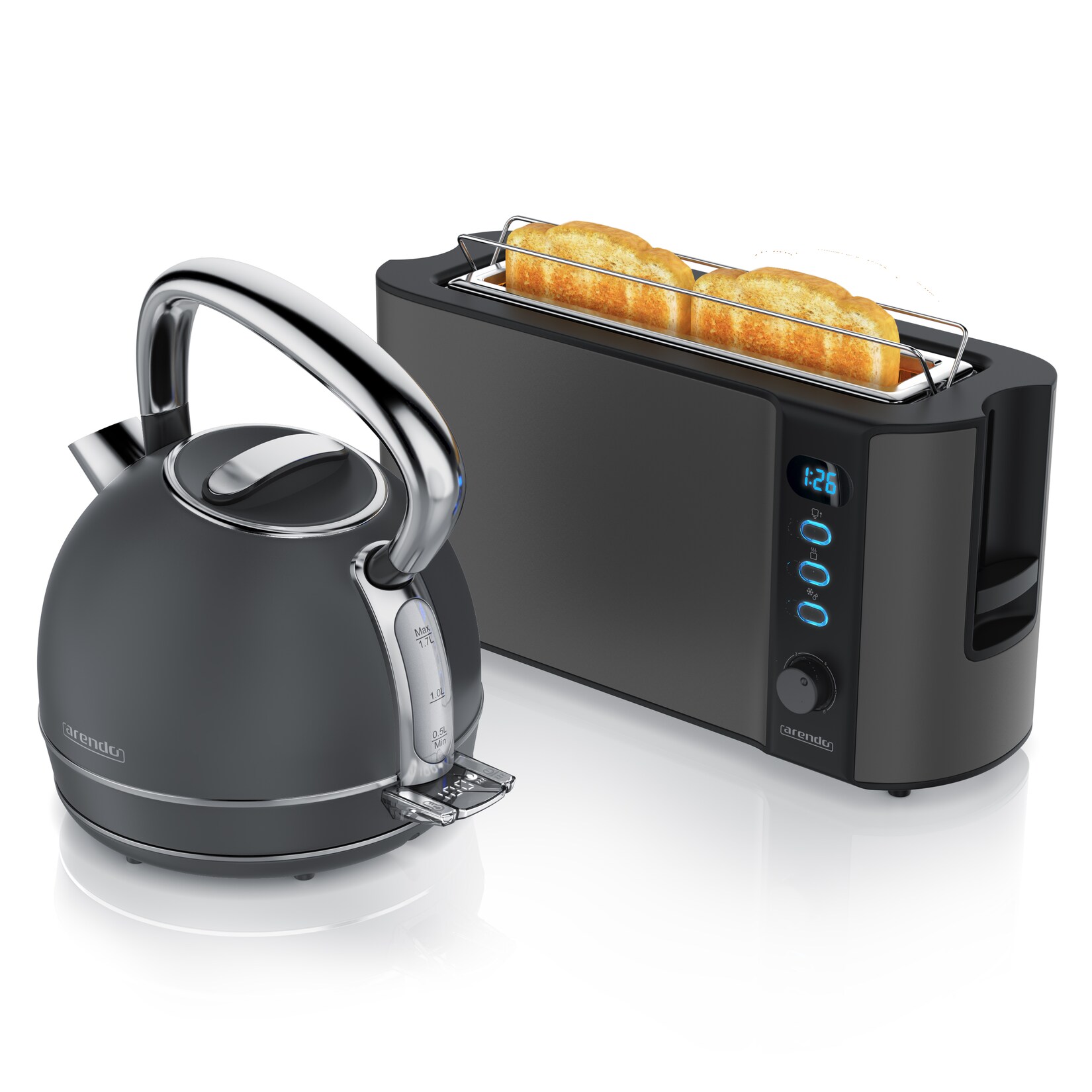 Arendo Frühstücks-Set Edelstahl Wasserkocher 1,7l, 2-Scheiben Langschlitz Toaster, Cool Grey (2-tlg), Vintage Wasserkocher …