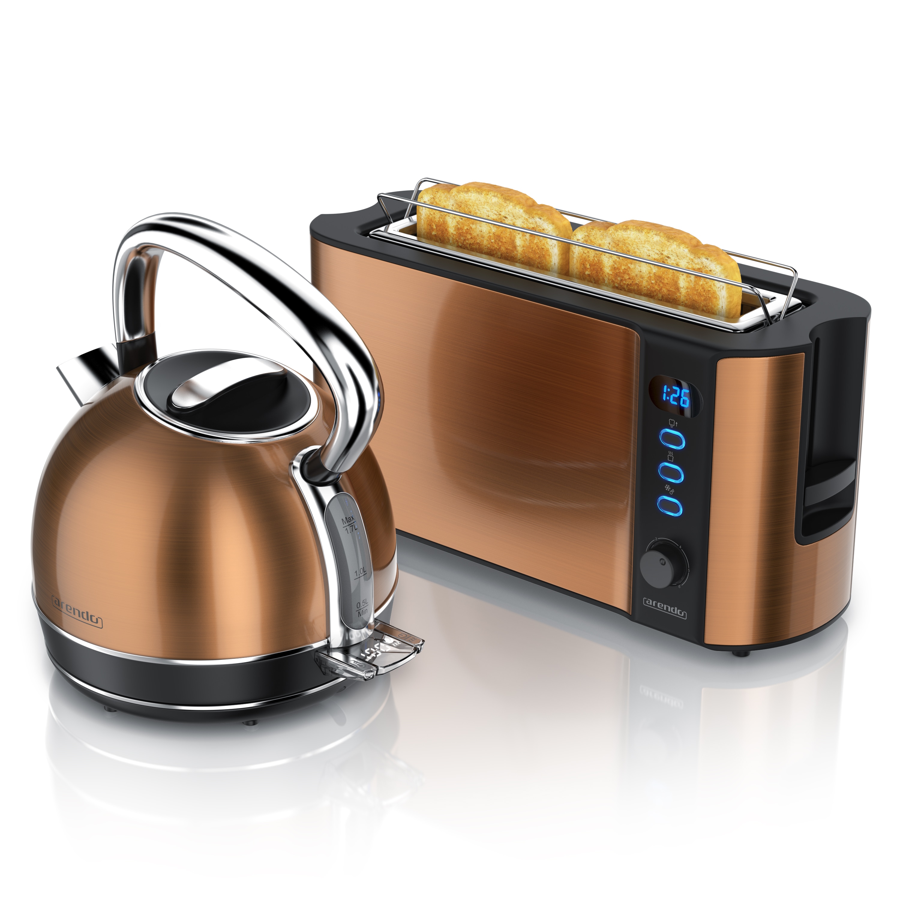 Arendo Fr&uuml;hst&uuml;cks-Set Edelstahl Wasserkocher 1,7l, 2-Scheiben Langschlitz Toaster, kupfer (2-tlg), Vintage Wasserkocher Temperatureinstellung 