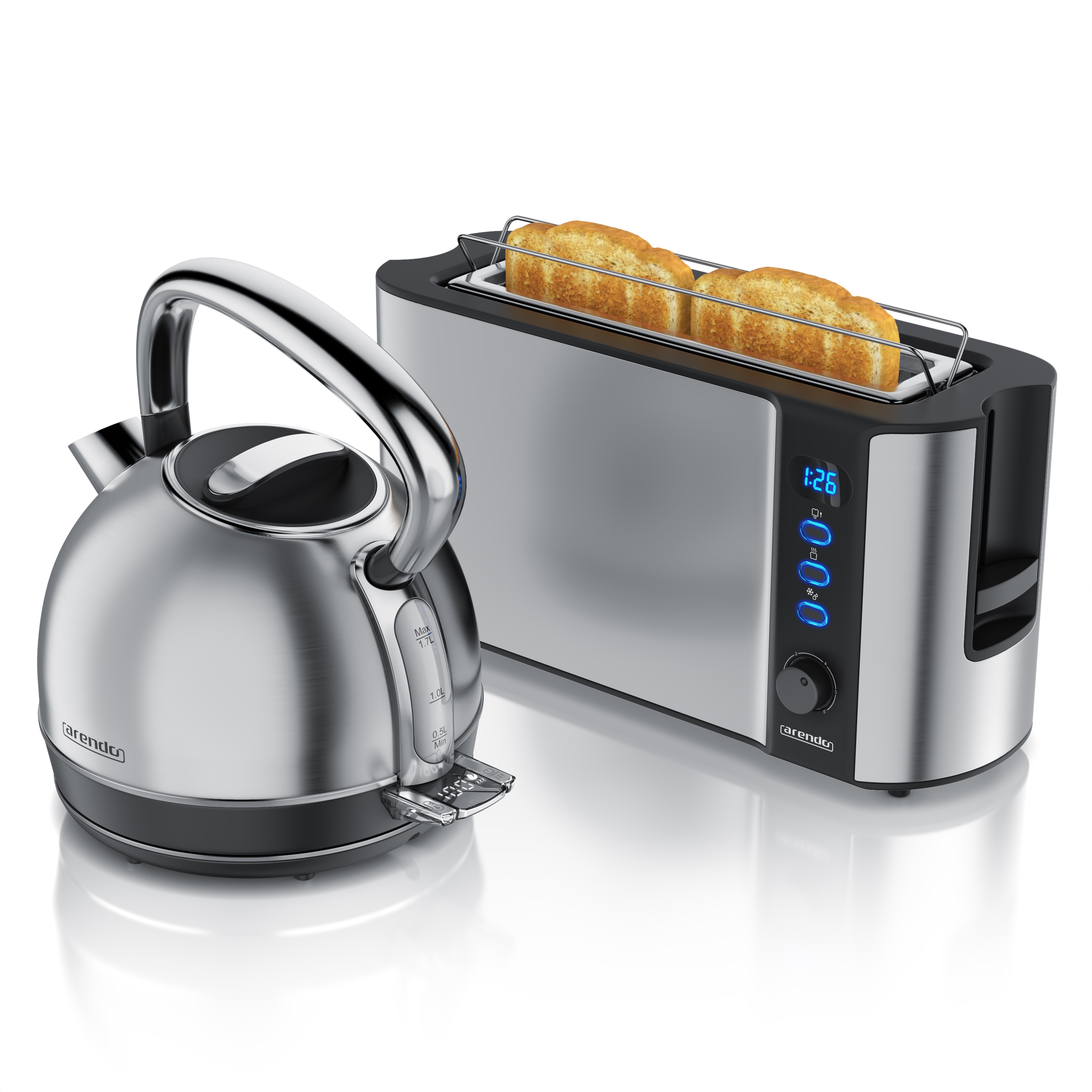 Arendo Fr&uuml;hst&uuml;cks-Set Edelstahl Wasserkocher 1,7l, 2-Scheiben Langschlitz Toaster, silber (2-tlg), Vintage Wasserkocher Temperatureinstellung 