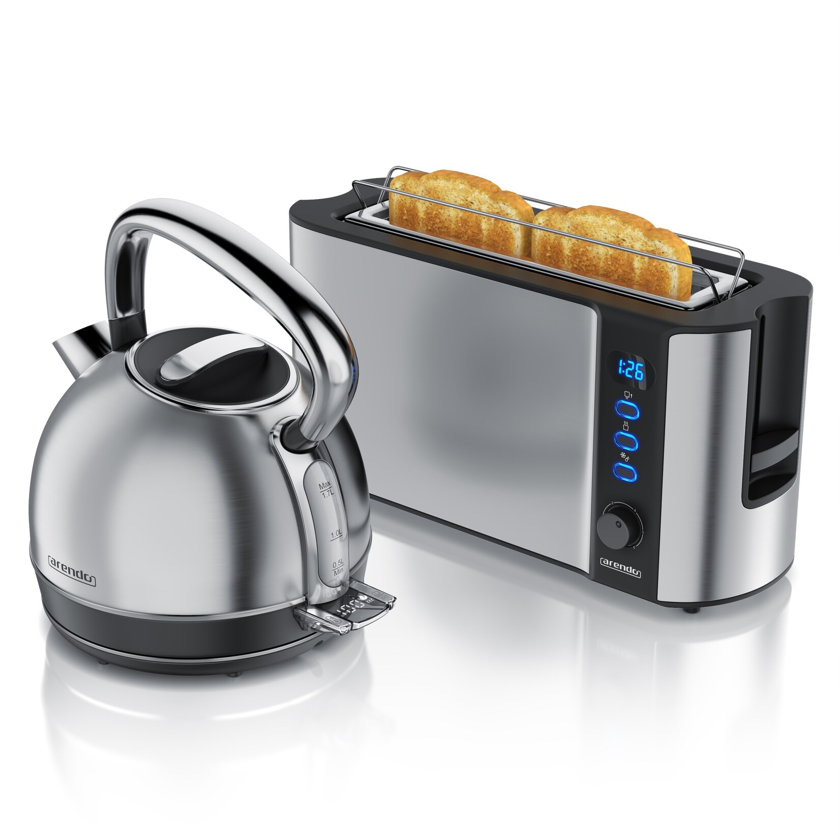 Arendo Frühstücks-Set Edelstahl Wasserkocher 1,7l, 2-Scheiben Langschlitz Toaster, silber (2-tlg), Vintage Wasserkocher …