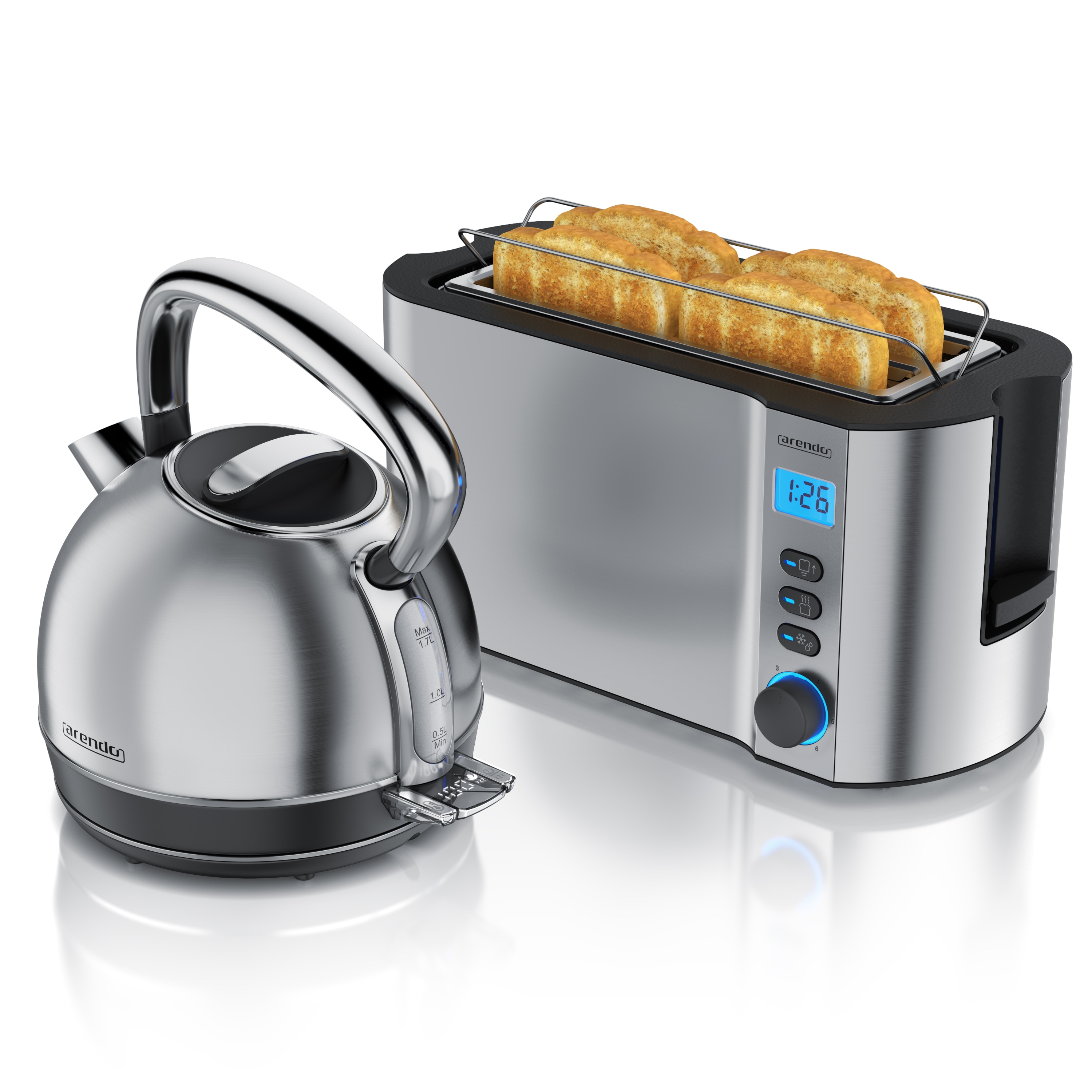 Arendo Fr&uuml;hst&uuml;cks-Set Edelstahl Wasserkocher 1,7l, 4-Scheiben Langschlitz Toaster, silber (2-tlg), Vintage Wasserkocher Temperatureinstellung 