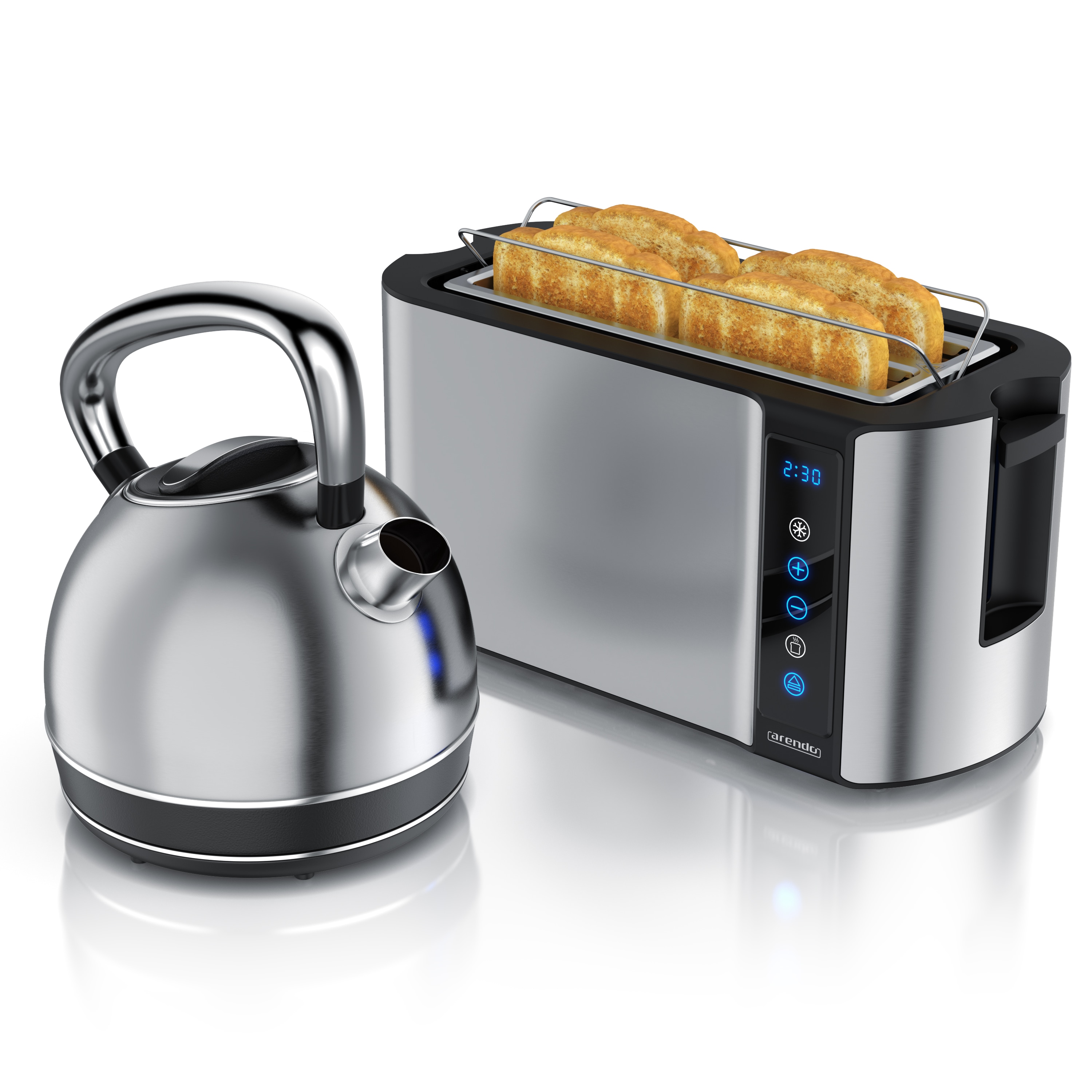 Arendo Fr&uuml;hst&uuml;cks-Set Edelstahl Wasserkocher 1,7l, 4-Scheiben Langschlitz Toaster, silber (2-tlg), Fr&uuml;hst&uuml;cksset, Wasserkocher Retro 