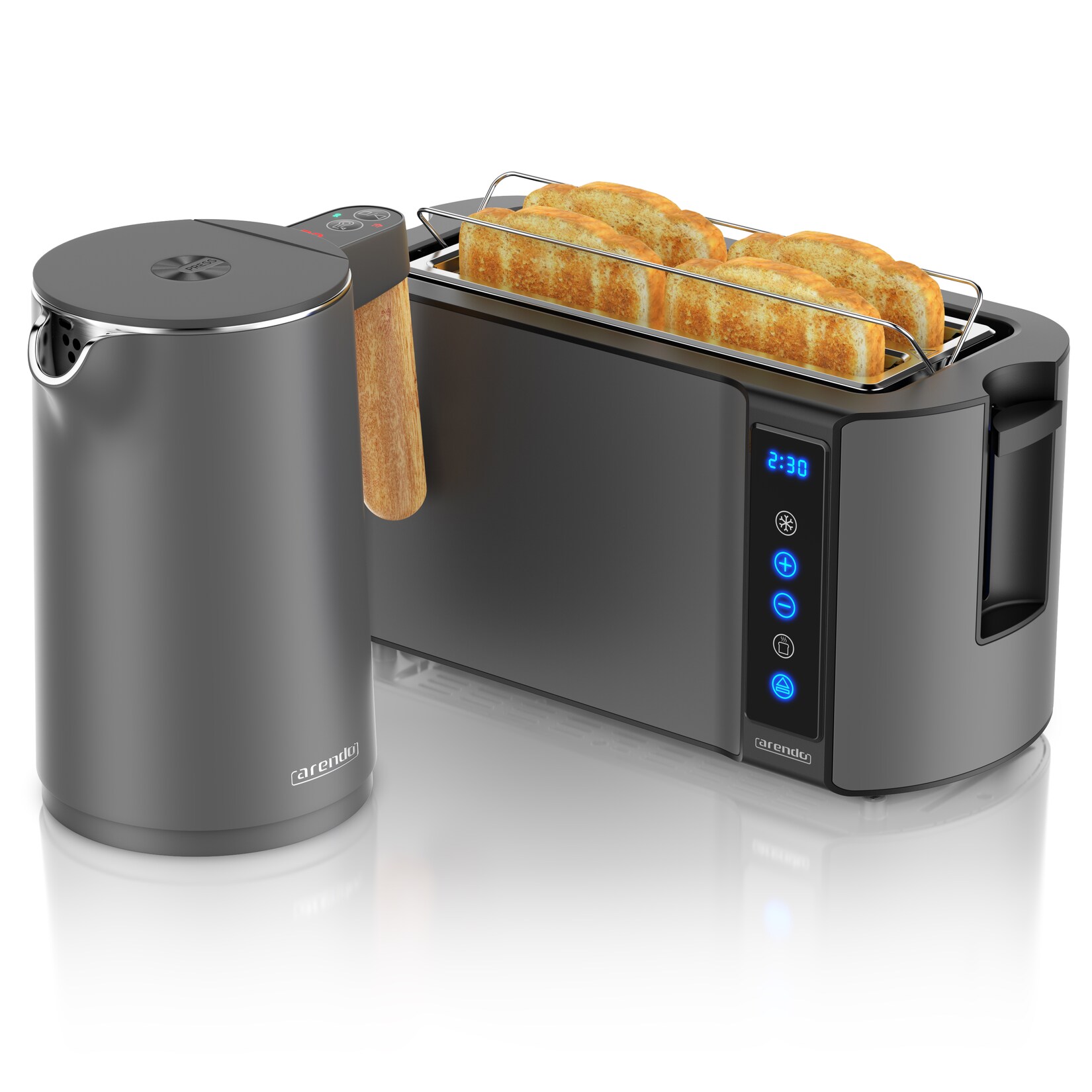 Arendo Frühstücks-Set Edelstahl Wasserkocher 1,5l, 4-Scheiben Langschlitz Toaster, Cool Grey (2-tlg), Wasserkocher mit Temperatureinstellung