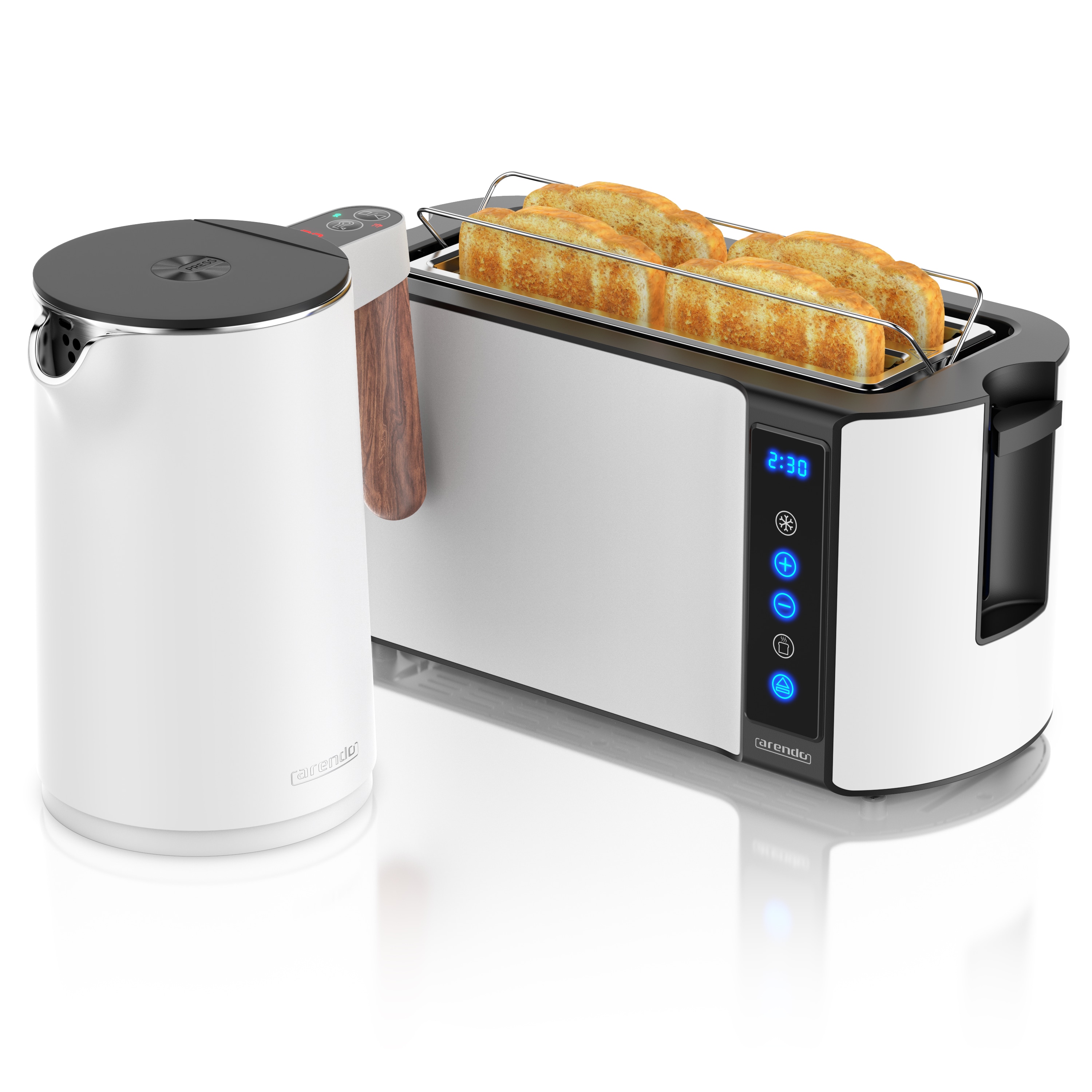 Arendo Fr&uuml;hst&uuml;cks-Set mit Wasserkocher 1,5 l und 4-Scheiben-Langschlitztoaster, Temperaturwahl, Touchpanel, Br&ouml;tchenaufsatz, wei&szlig; 
