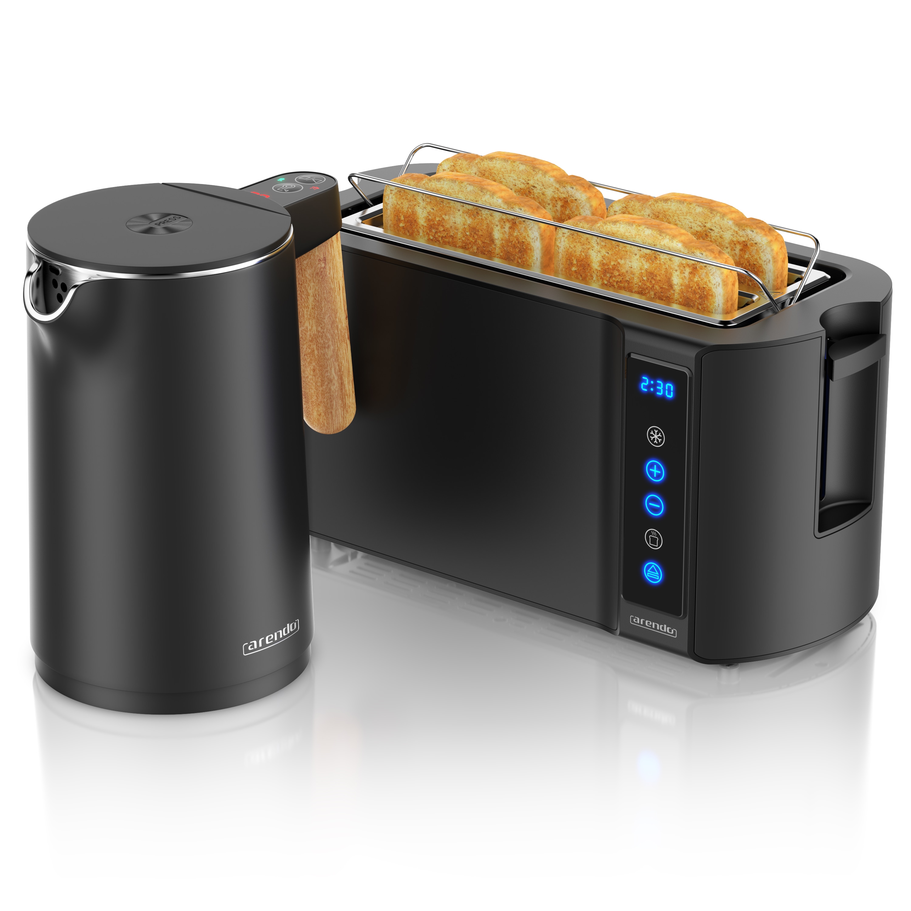 Arendo Fr&uuml;hst&uuml;cks-Set mit Wasserkocher 1,5 l und 4-Scheiben-Langschlitztoaster, Temperaturwahl, Touchpanel und Br&ouml;tchenaufsatz 