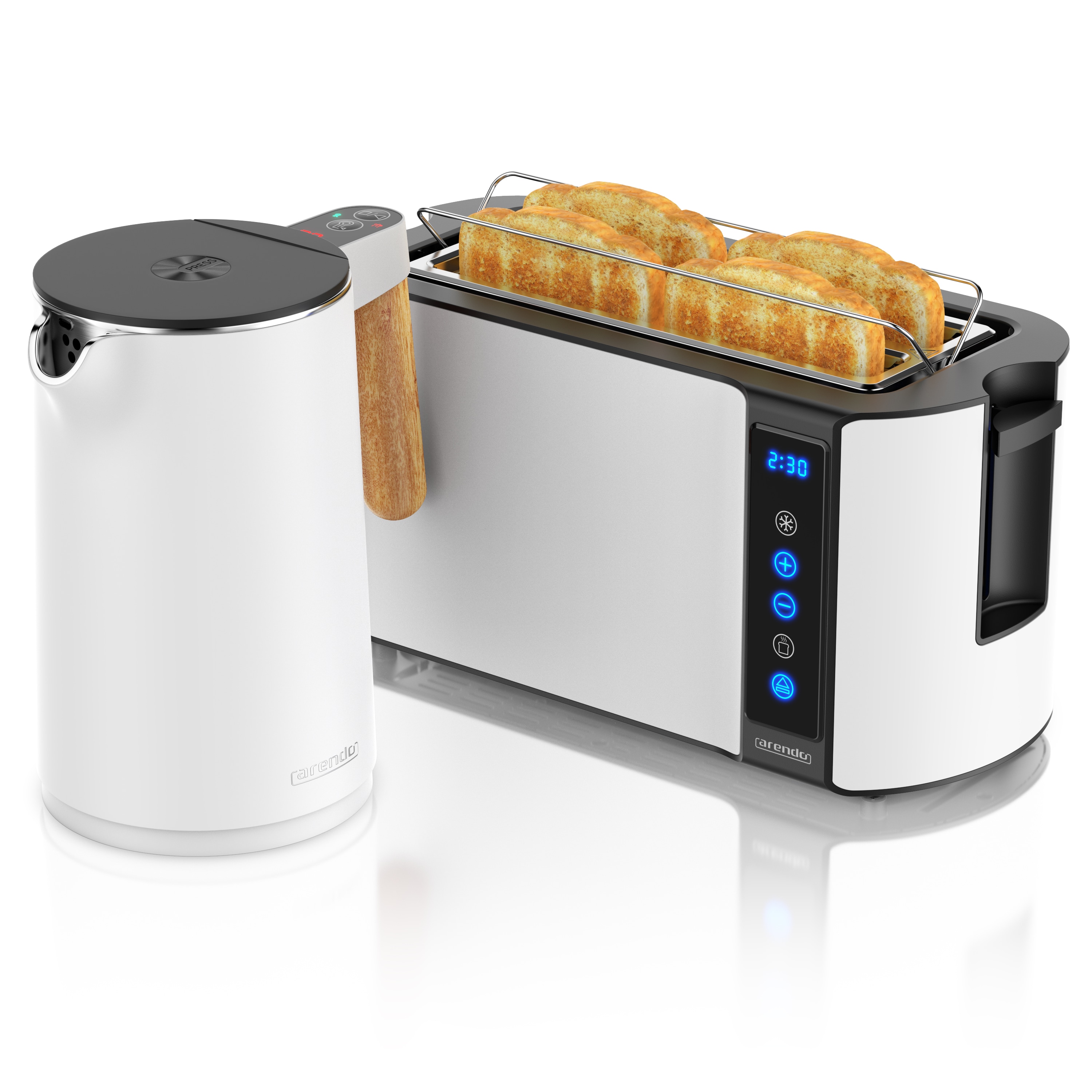 Arendo Fr&uuml;hst&uuml;cks-Set mit Wasserkocher 1,5 l und 4-Scheiben-Langschlitztoaster, Temperaturwahl, Touchpanel, Br&ouml;tchenaufsatz, wei&szlig; 