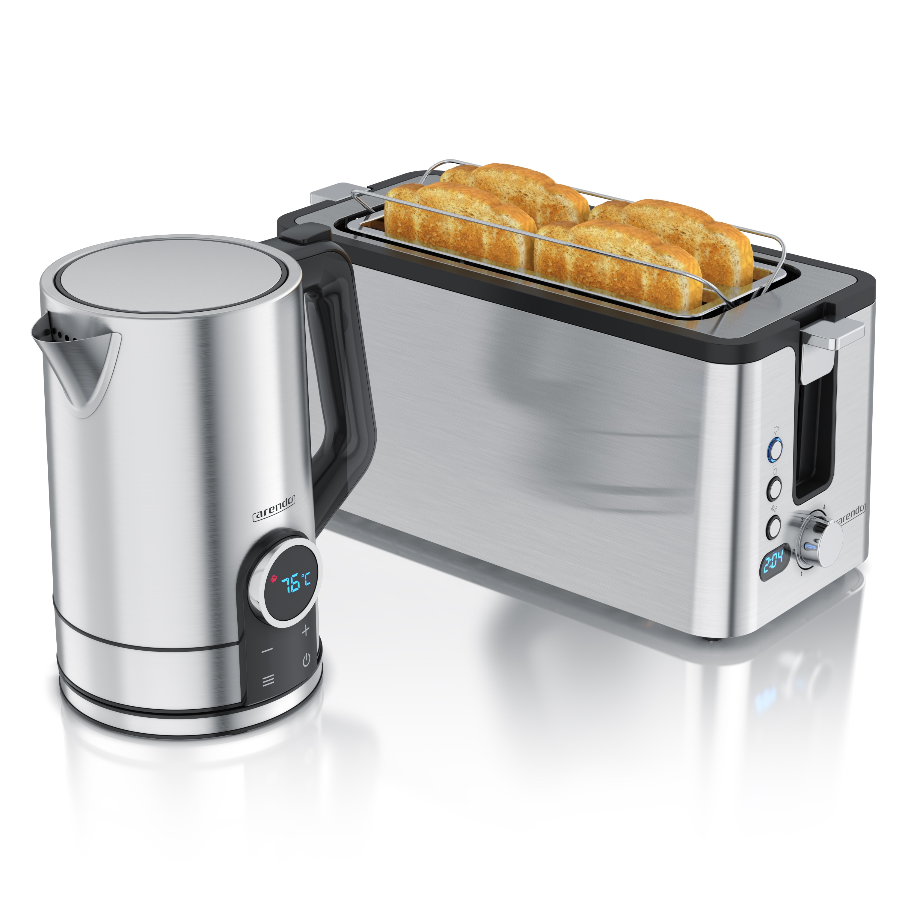 Arendo Fr&uuml;hst&uuml;cks-Set mit Wasserkocher 1,7 l und 4-Scheiben-Langschlitztoaster, Temperaturwahl, Restzeitanzeige und Br&ouml;tchenaufsatz 