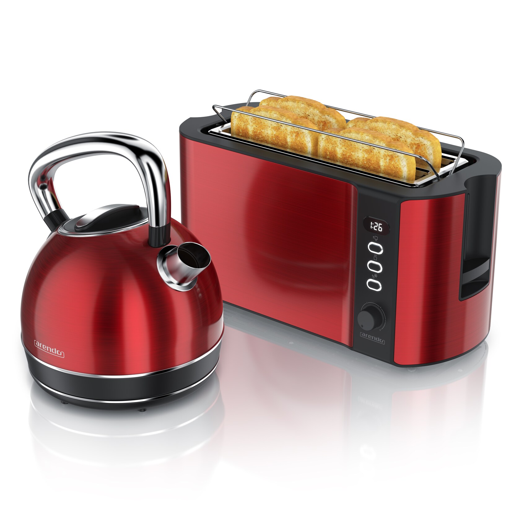 Arendo Frühstücks-Set Edelstahl Wasserkocher 1,7l, 4-Scheiben Langschlitz Toaster, rot (2-tlg), Frühstücksset, Wasserkocher Retro, 2200W
