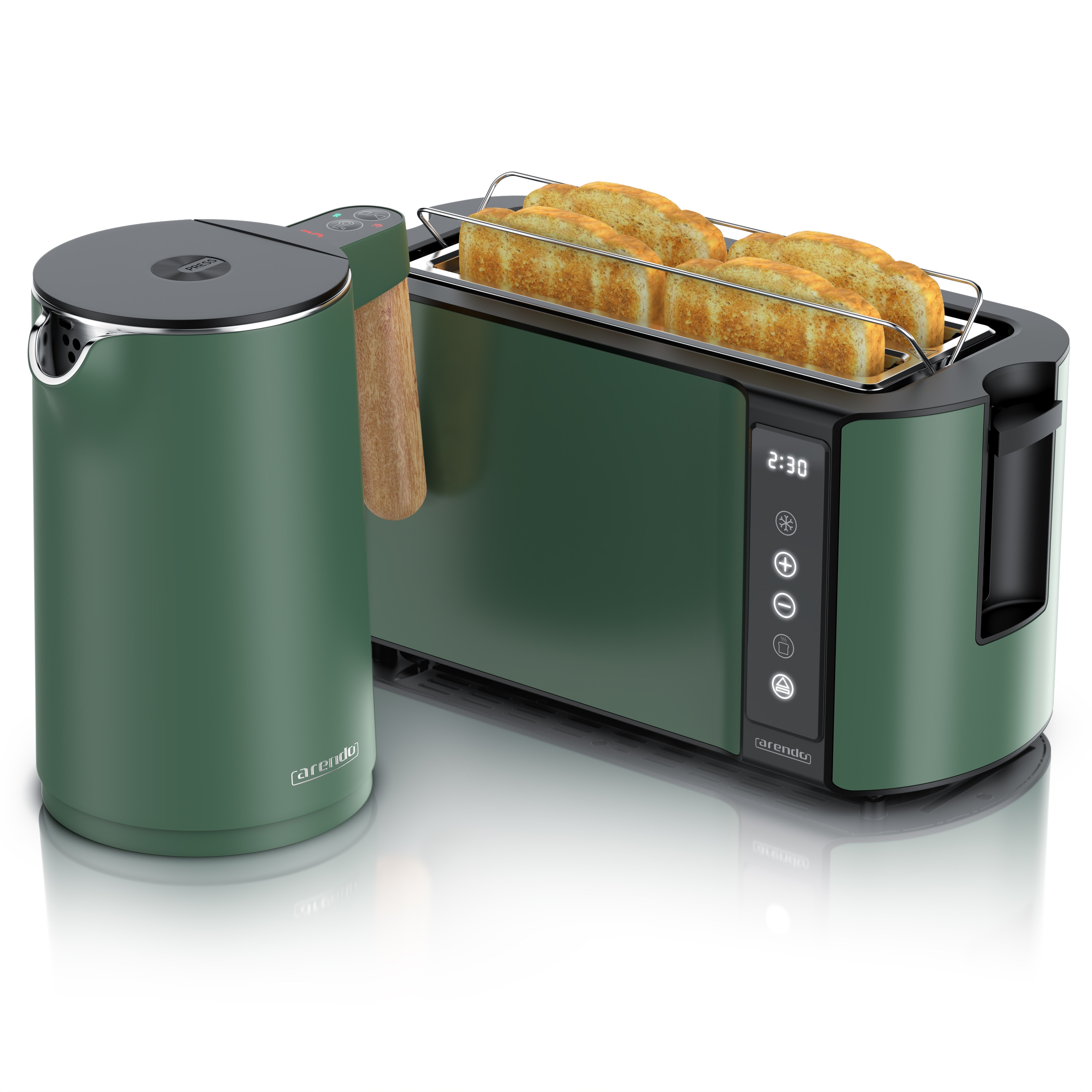 Arendo Fr&uuml;hst&uuml;cks-Set Edelstahl Wasserkocher 1,5l, 4-Scheiben Langschlitz Toaster, gr&uuml;n (2-tlg), Wasserkocher mit Temperatureinstellung 