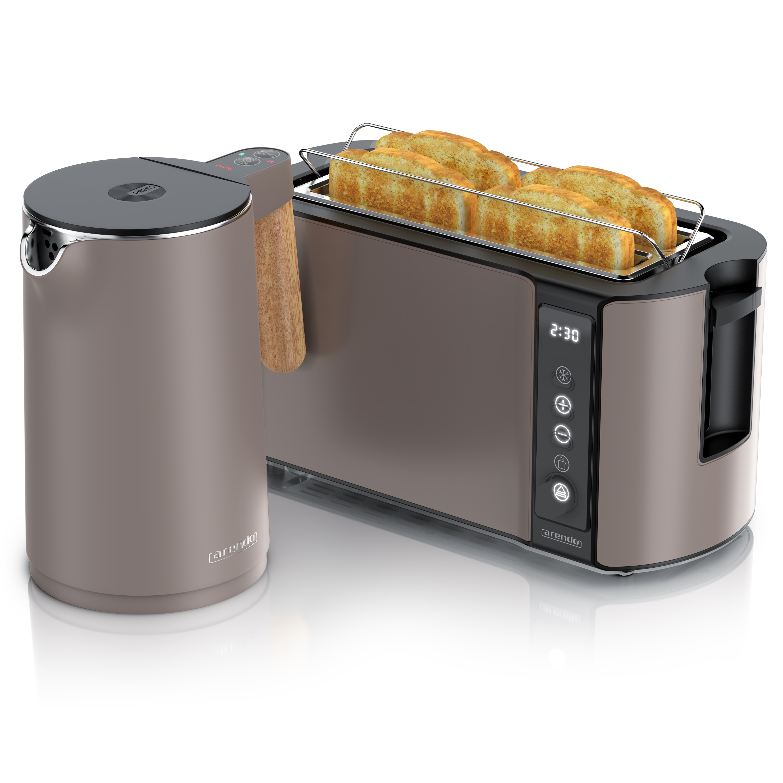 Arendo Fr&uuml;hst&uuml;cks-Set mit Wasserkocher 1,5 l und 4-Scheiben-Langschlitztoaster, Temperatureinstellung, creme/dunkles Taupe, 2-teilig 