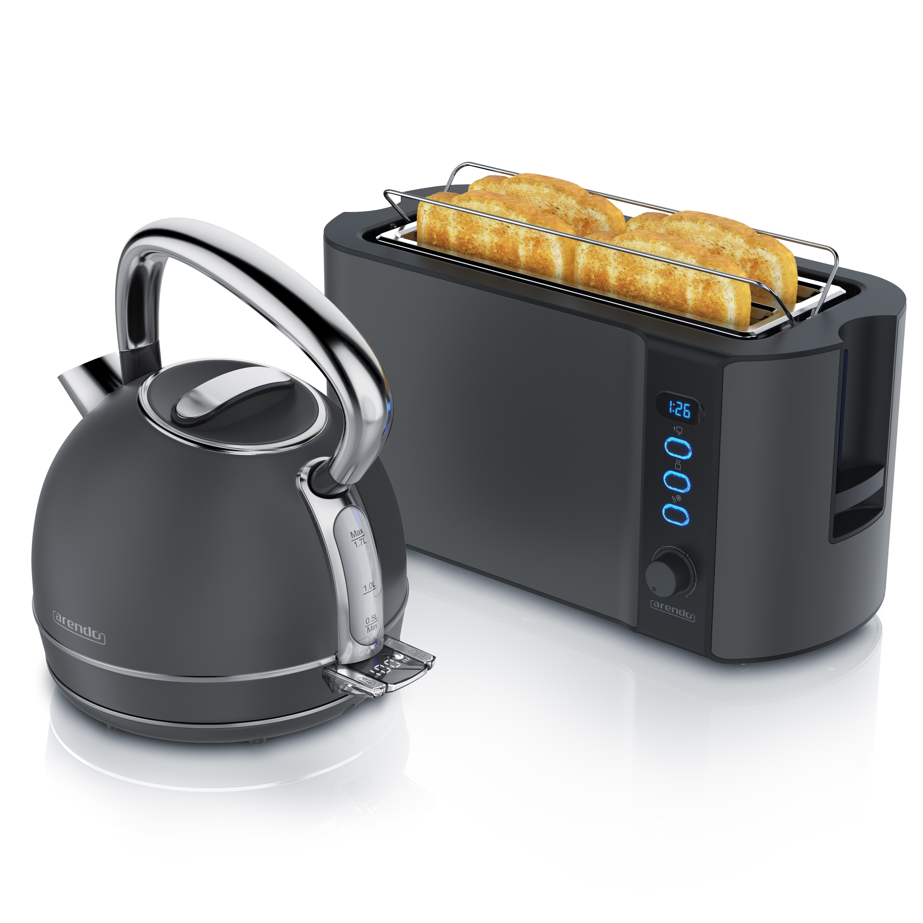 Arendo Fr&uuml;hst&uuml;cks-Set Edelstahl Wasserkocher 1,7l, 4-Scheiben Langschlitz Toaster, Cool Grey (2-tlg), Vintage Wasserkocher Temperatureinstellung 