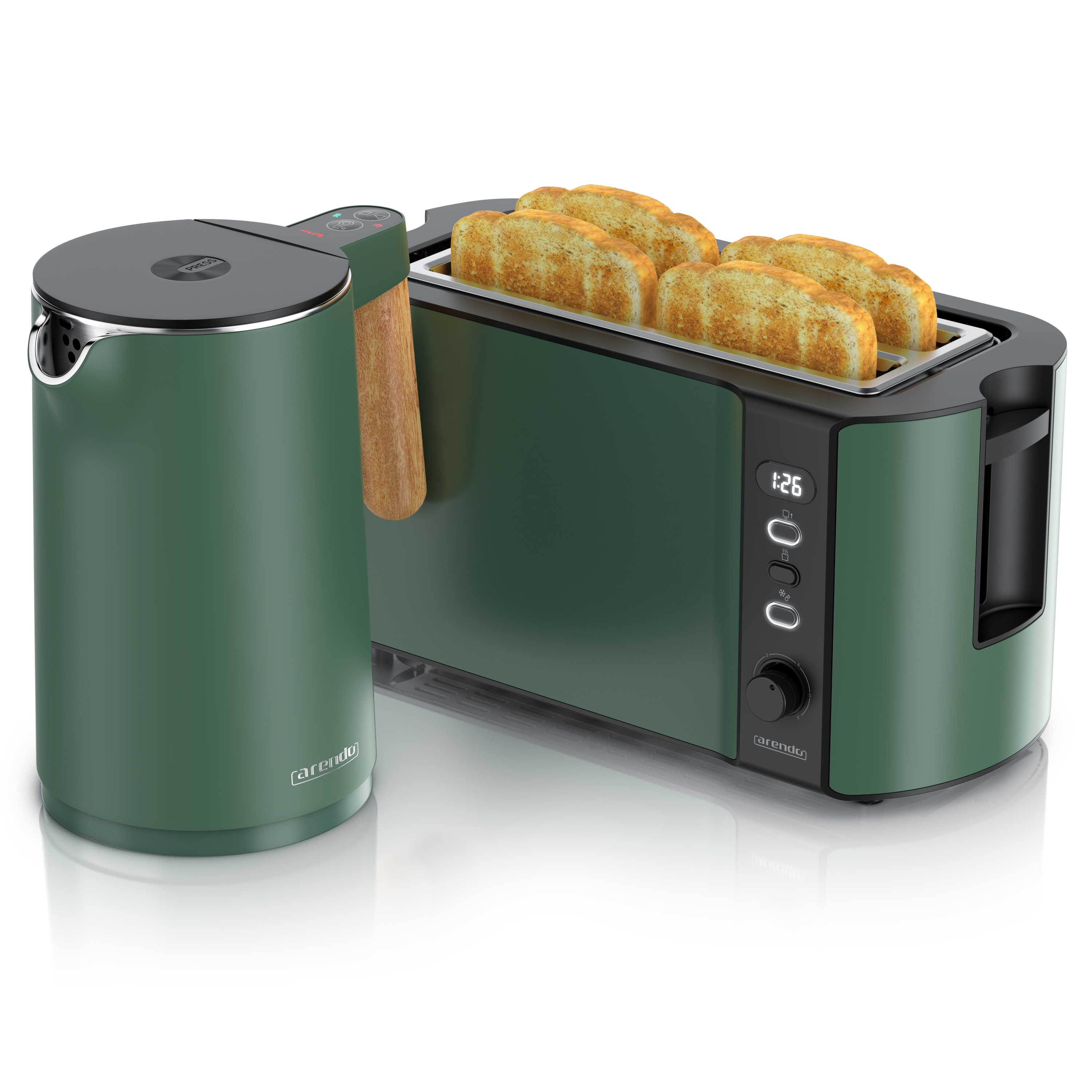 Arendo Fr&uuml;hst&uuml;cks-Set Edelstahl Wasserkocher 1,5l, 4-Scheiben Langschlitz Toaster, gr&uuml;n (2-tlg), Wasserkocher mit Temperatureinstellung 