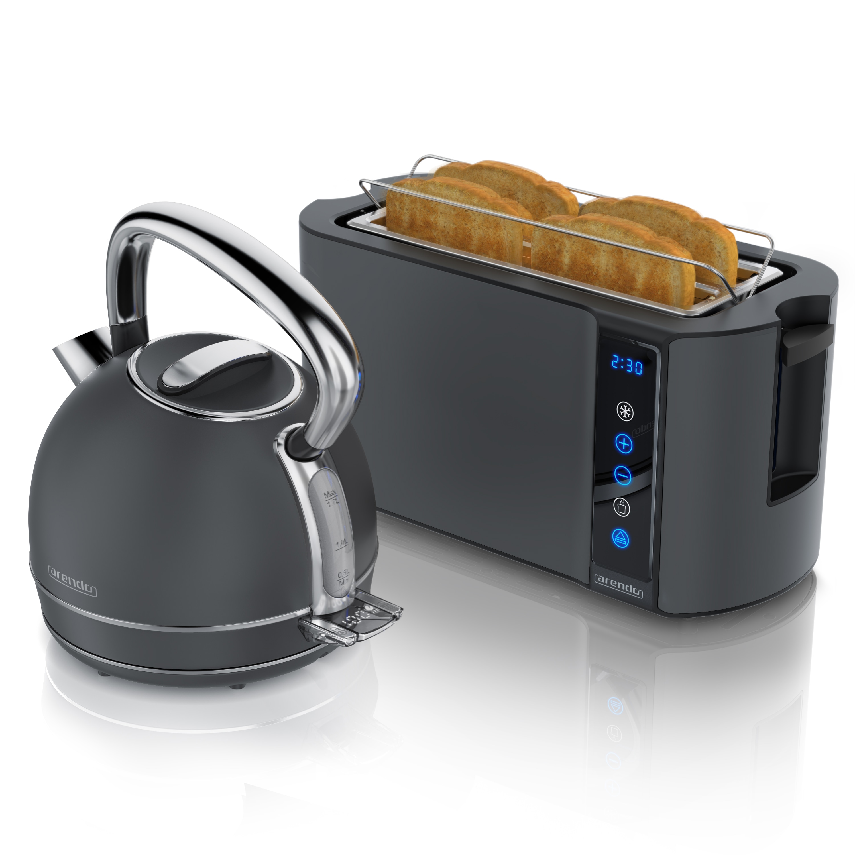 Arendo Fr&uuml;hst&uuml;cks-Set Edelstahl Wasserkocher 1,7l, 4-Scheiben Langschlitz Toaster, Cool Grey (2-tlg), Wasserkocher Temperatureinstellung 