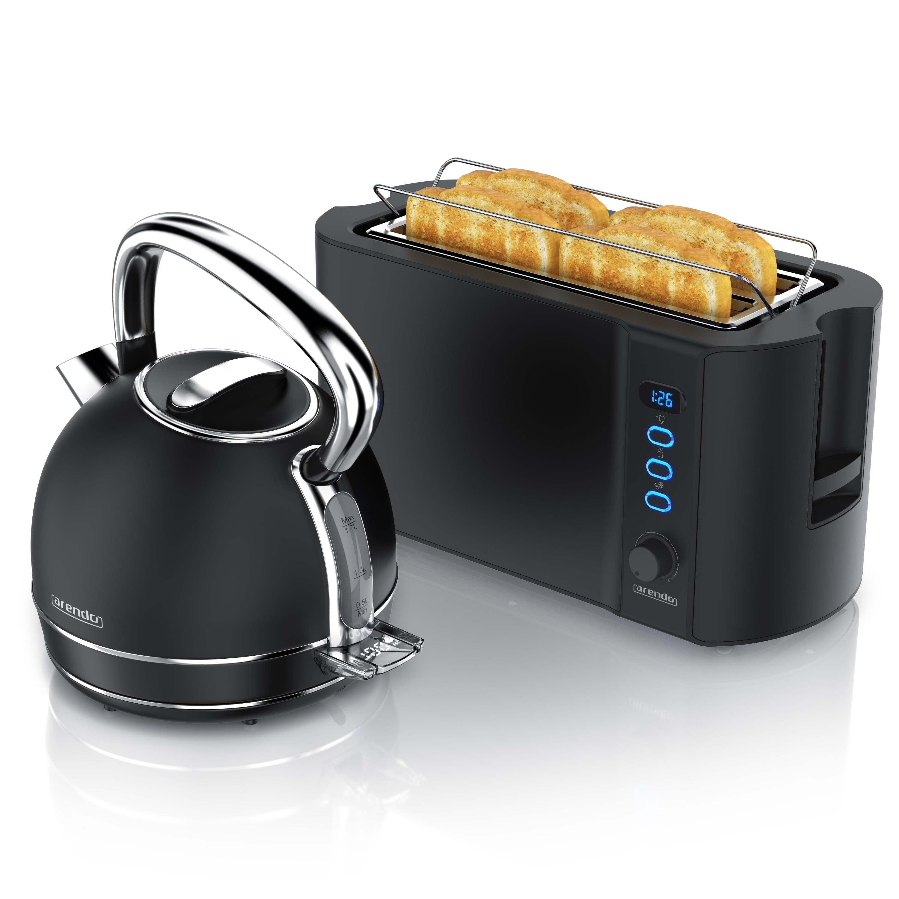 Arendo Fr&uuml;hst&uuml;cks-Set Edelstahl Wasserkocher 1,7l, 4-Scheiben Langschlitz Toaster, schwarz (2-tlg), Vintage Wasserkocher Temperatureinstellung 
