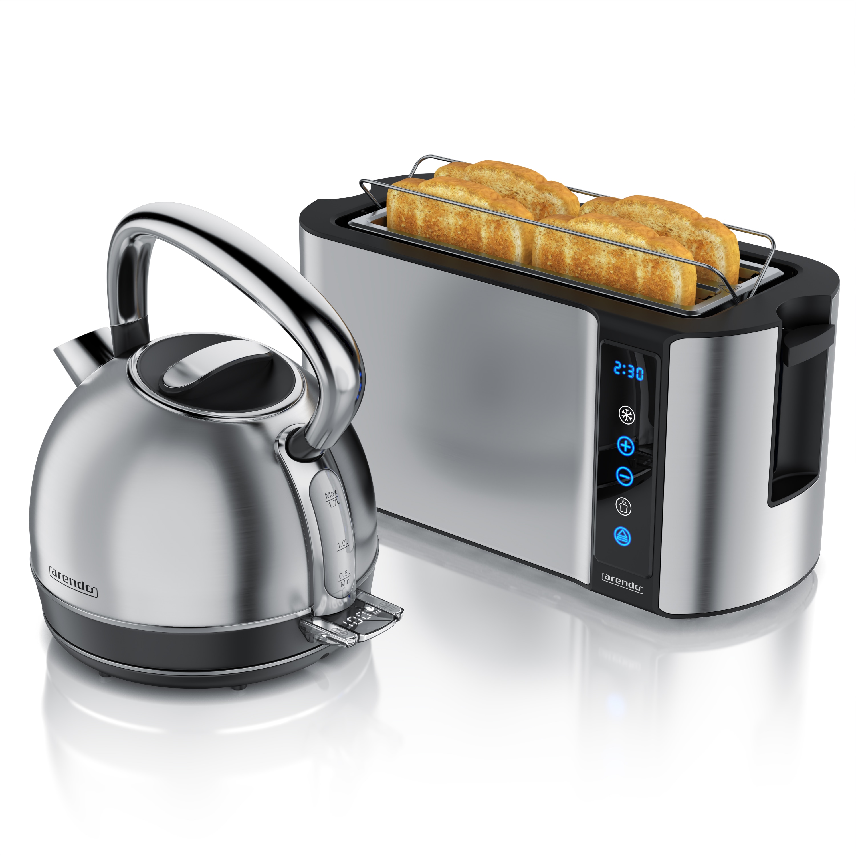 Arendo Fr&uuml;hst&uuml;cks-Set Edelstahl Wasserkocher 1,7l, 4-Scheiben Langschlitz Toaster, silber (2-tlg), Wasserkocher Temperatureinstellung 