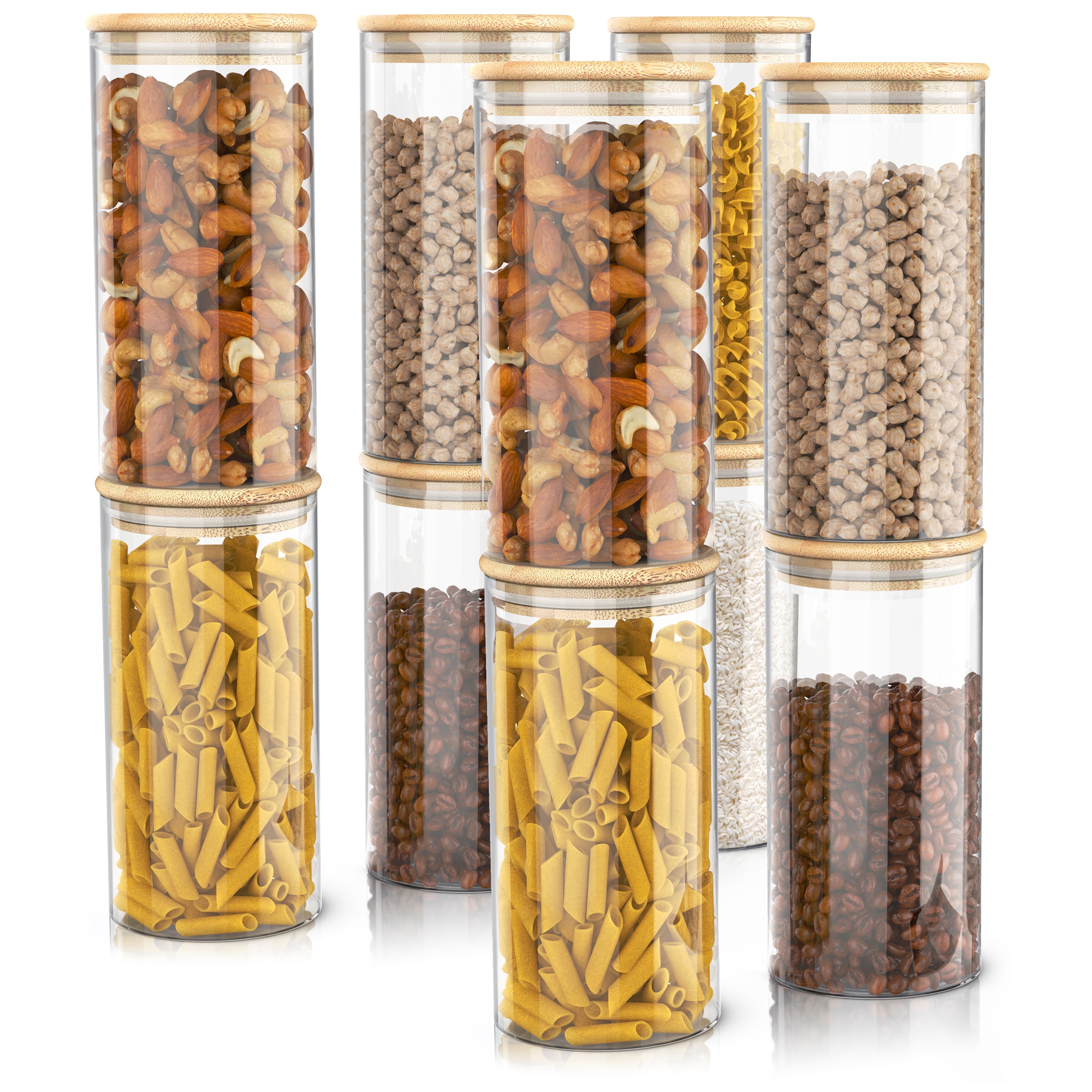 Arendo Vorratsgl&auml;ser 10er-Set, je 1,5 l, rund, Borosilikatglas mit Bambusdeckel und Silikondichtung, luftdicht 