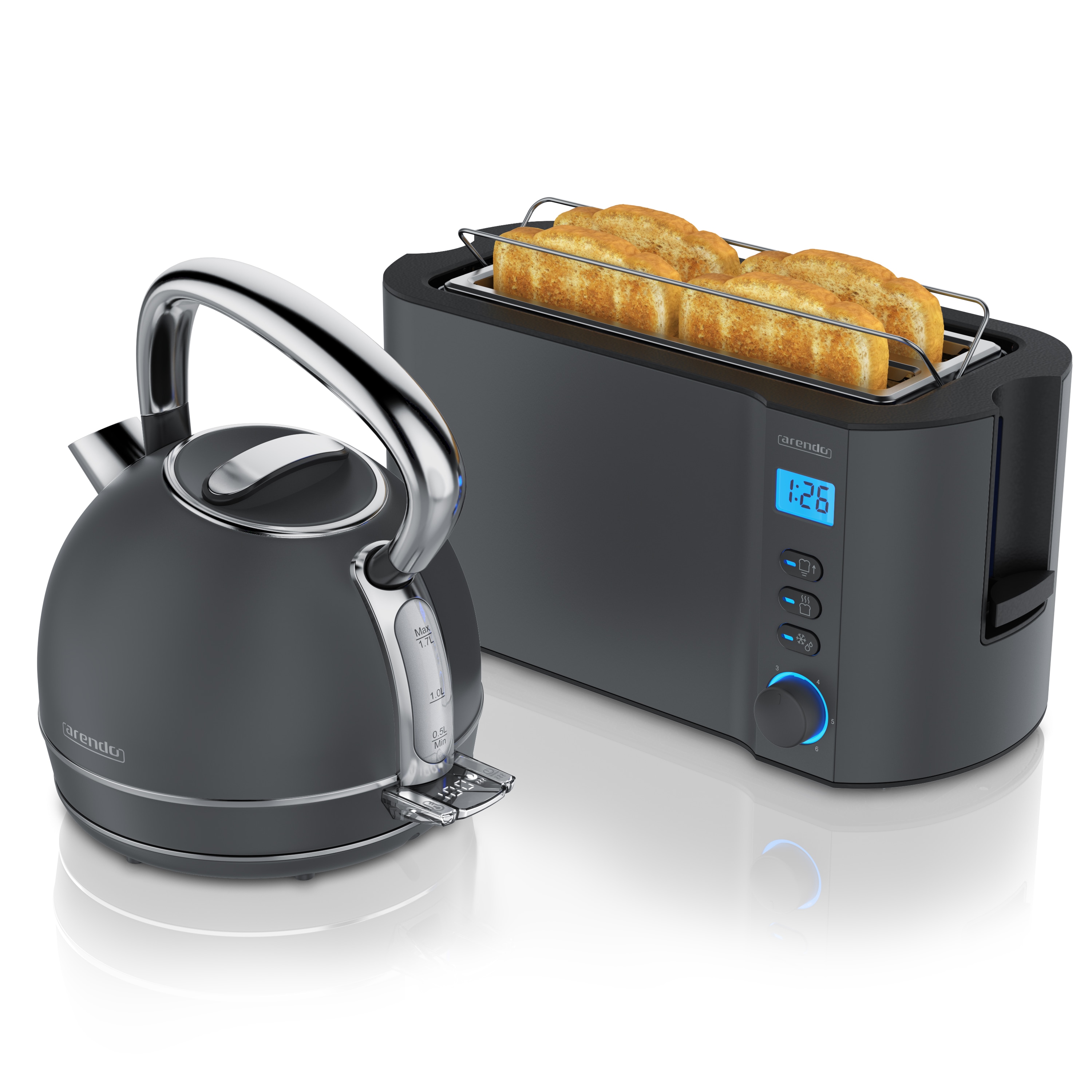 Arendo Fr&uuml;hst&uuml;cks-Set Edelstahl Wasserkocher 1,7l, 4-Scheiben Langschlitz Toaster, Cool Grey (2-tlg), Vintage Wasserkocher Temperatureinstellung 