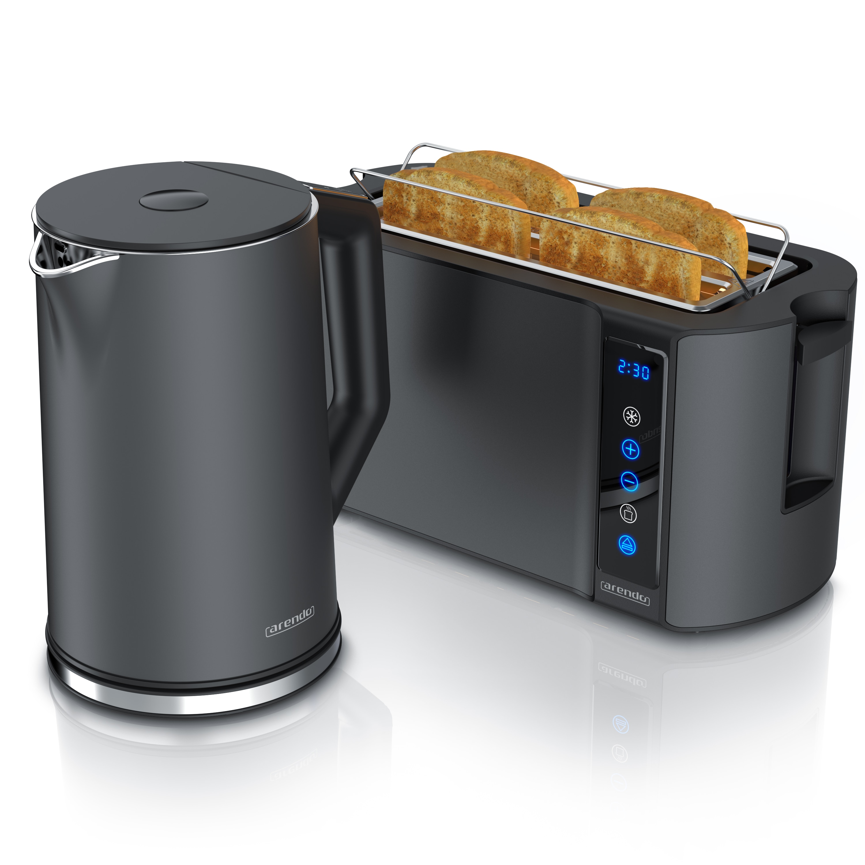Arendo Fr&uuml;hst&uuml;cks-Set mit Wasserkocher 1,5 l und 4-Scheiben-Langschlitztoaster, Temperaturwahl, Touchpanel, Br&ouml;tchenaufsatz, grau 