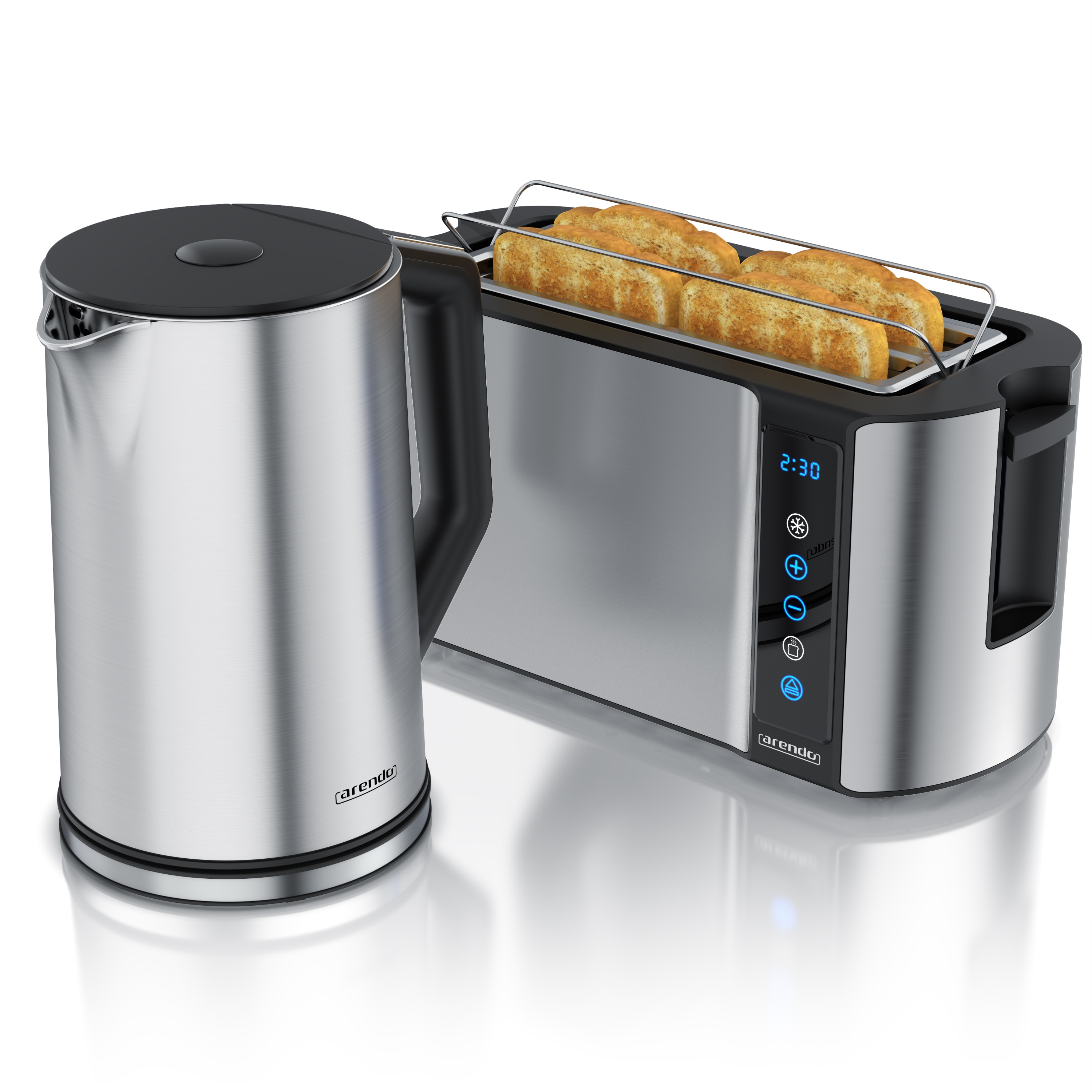 Arendo Fr&uuml;hst&uuml;cks-Set Edelstahl Wasserkocher 1,5l, 4-Scheiben Langschlitz Toaster, silber (2-tlg), Wasserkocher mit Temperatureinstellung 