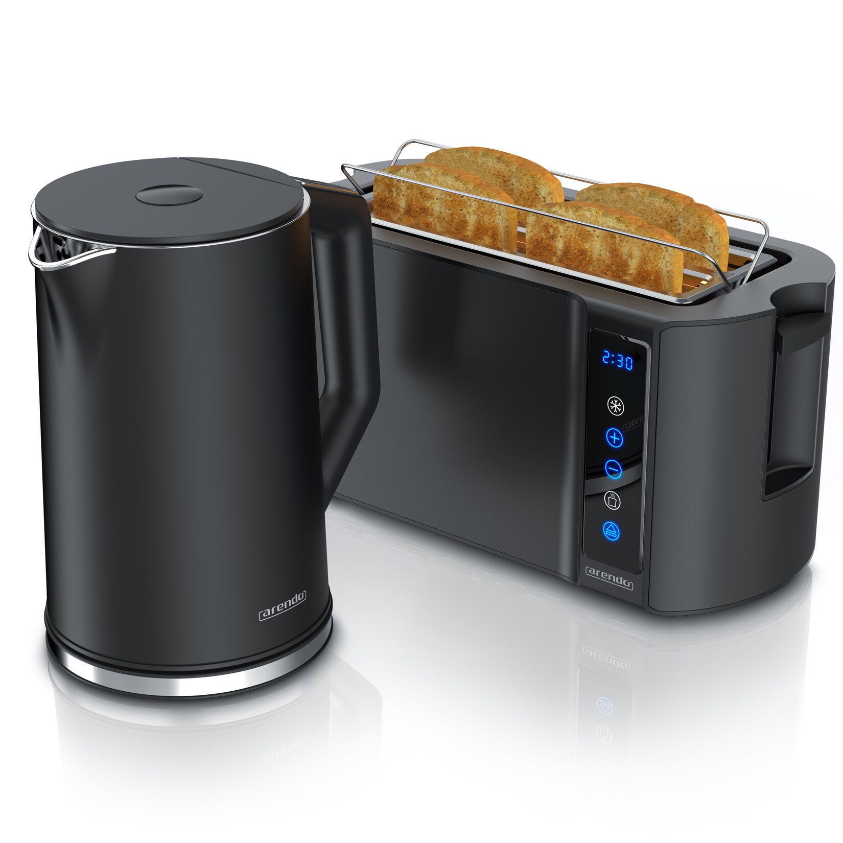 Arendo Frühstücks-Set mit Wasserkocher 1,5 l und 4-Scheiben-Langschlitztoaster, Temperaturwahl, Touchpanel, Brötchenaufsatz, schwarz