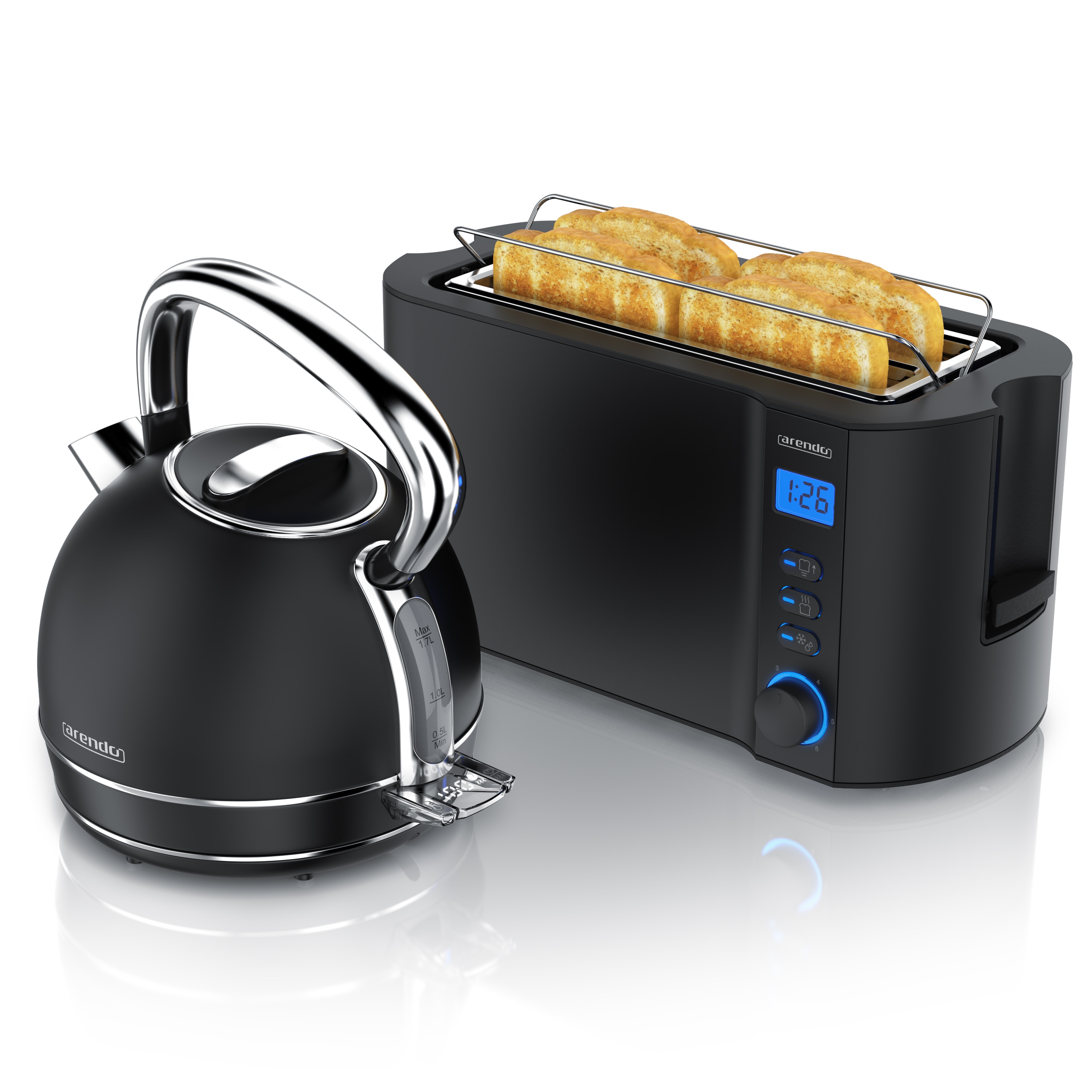 Arendo Fr&uuml;hst&uuml;cks-Set Edelstahl Wasserkocher 1,7l, 4-Scheiben Langschlitz Toaster, schwarz (2-tlg), Vintage Wasserkocher Temperatureinstellung 