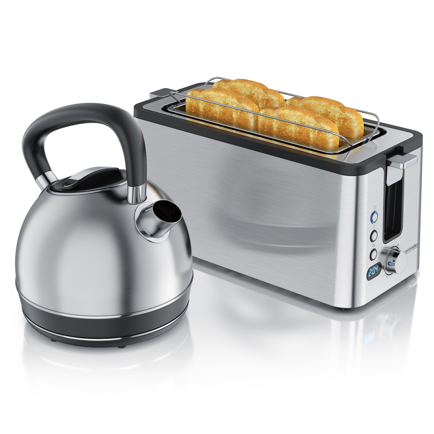 Arendo Frühstücks-Set mit Wasserkocher und 4-Scheiben-Langschlitztoaster, Restzeitanzeige, 6 Bräunungsstufen und Brötchenaufsatz
