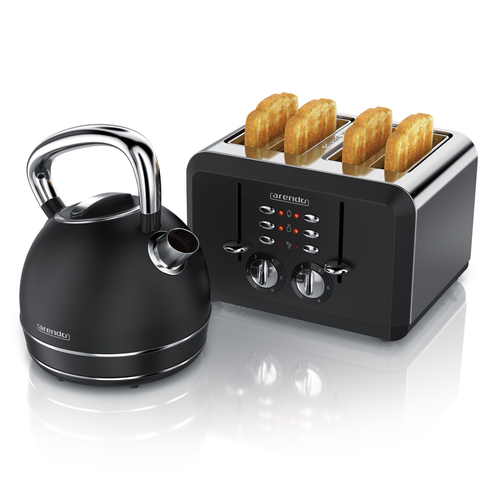 Arendo Frühstücks-Set Edelstahl Wasserkocher 1,7l, 4-Scheiben Kurzschlitz Toaster, schwarz (2-tlg), Frühstücksset, Wasserkocher Retro